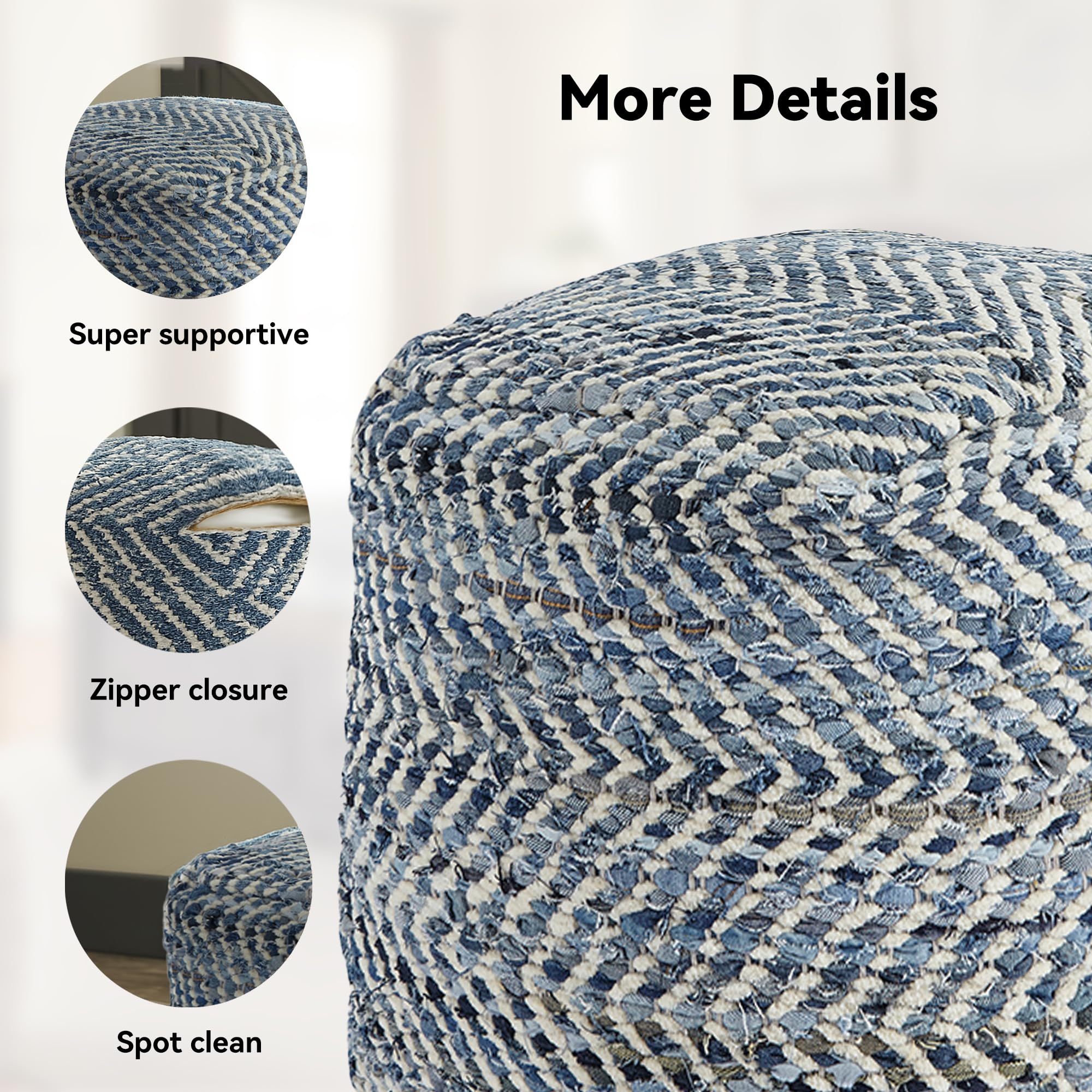 Signature Design by Ashley Chevron Handmade Woven Pouf 18 x 18, Blue and White