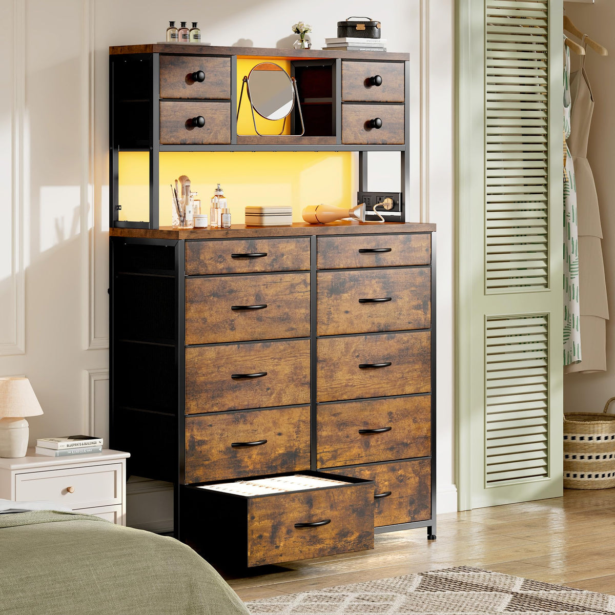 14-Drawer Fabric Dresser with LED Lights