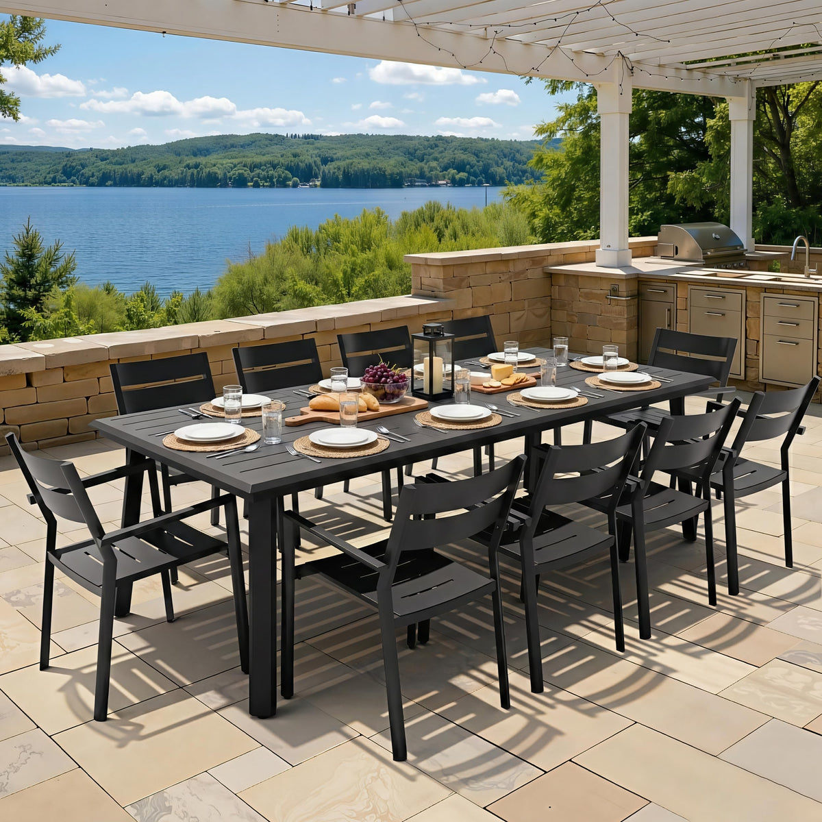 PATIOHIT 94" Outdoor Dining Table for 10 Black Aluminum Long Patio Table