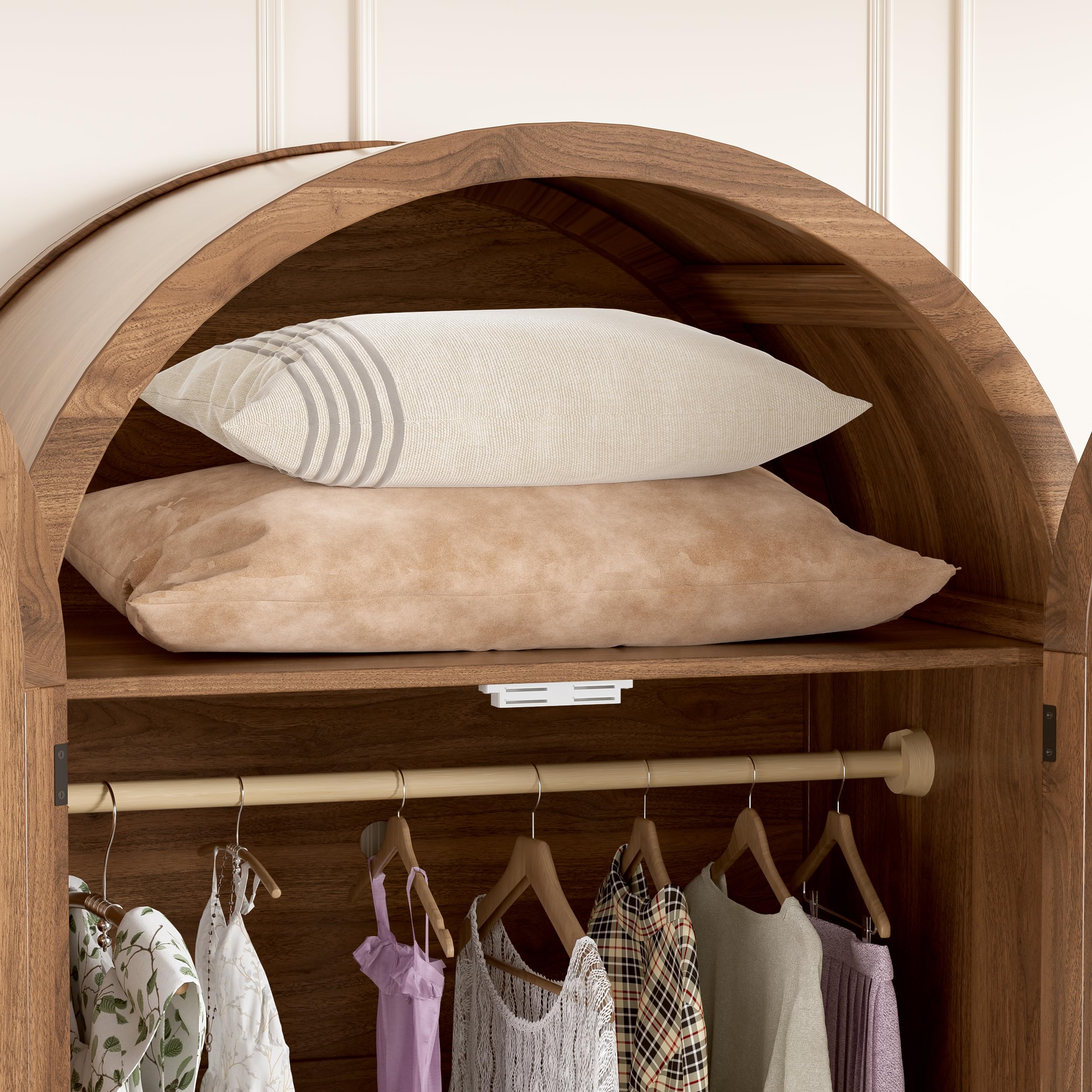 PAKASEPT Armoire Wardrobe Closet with Drawers and 2 Arched Fluted Doors, 70.9‘’ Tall Wooden Bedroom Armoires with LED Light & Shelves and Hanging Rod(Brown)