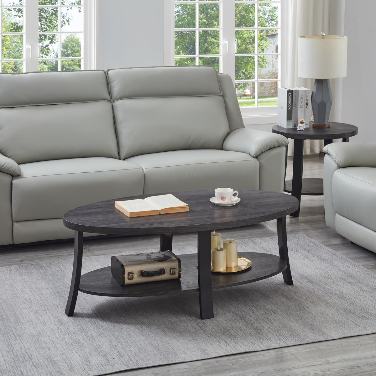 Roundhill Furniture Anze Contemporary Oval Wood Shelf 3-Piece Coffee Table Set in Charcoal Finish