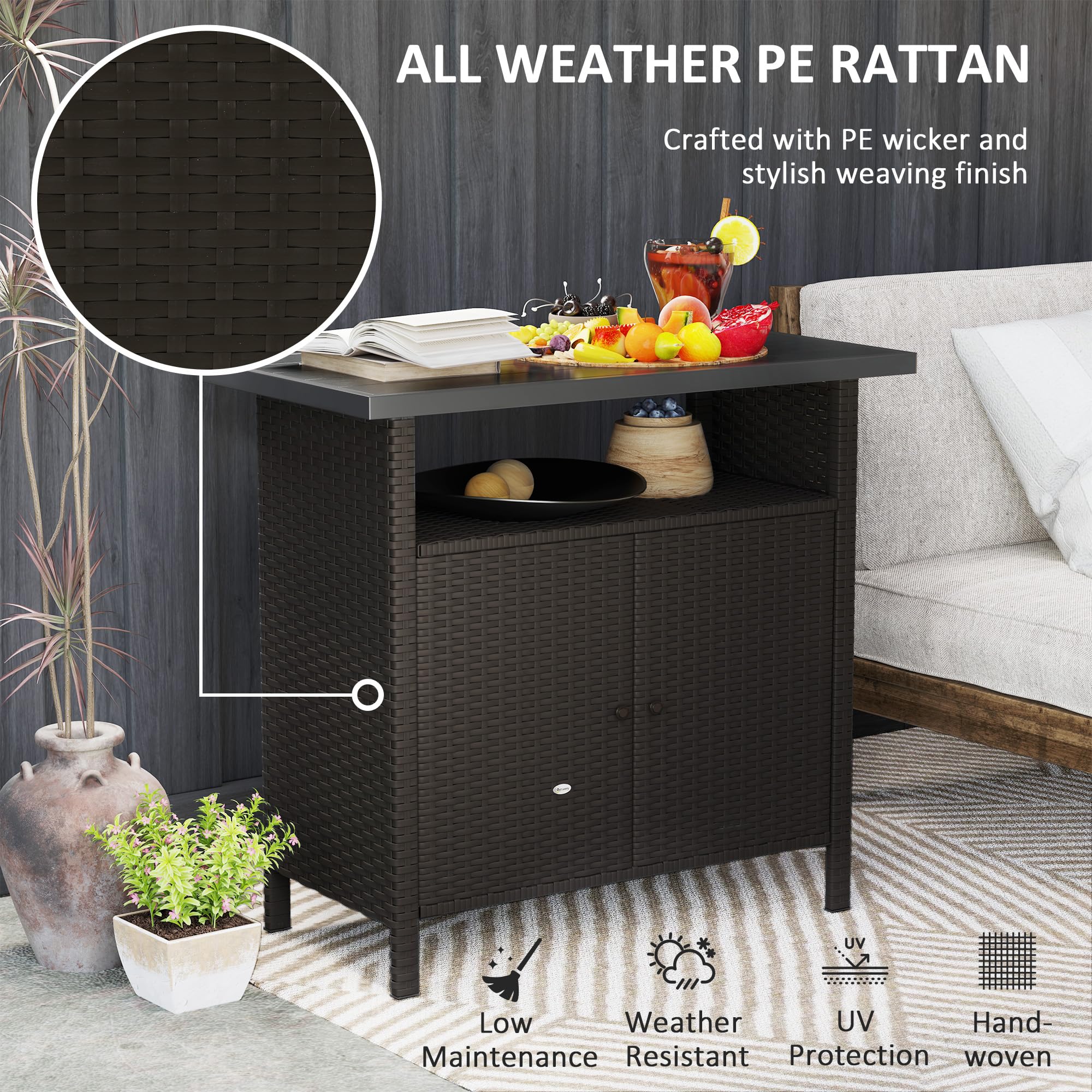 Outsunny Wicker Outdoor Storage Cabinet, Rattan Bar Table with 2 Doors and Shelf, Buffet Sideboard with Metal Slatted Countertop for Poolside, Patio, Backyard, Dark Coffee