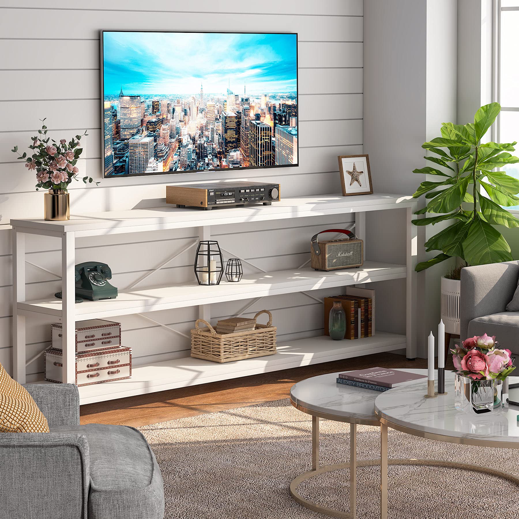 Tribesigns 71" Sofa Tables,Extra Long Couch Table, Narrow Long Console Table, Entryway Table,Sofa Table with 3 Tiers Storage Shelves (White)