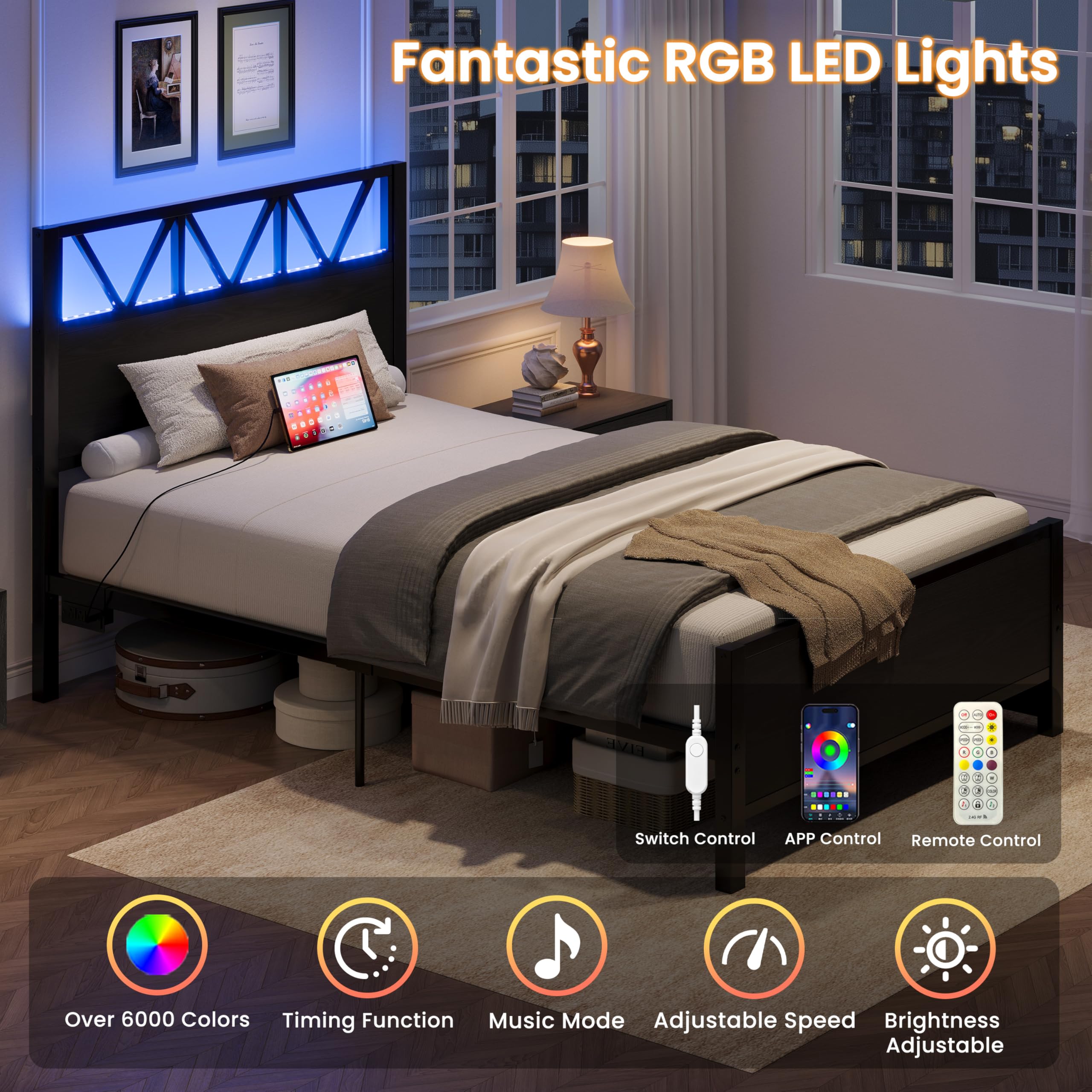 Twin Bed Frame with Storage Drawers, RGB Lighting & Charging Station