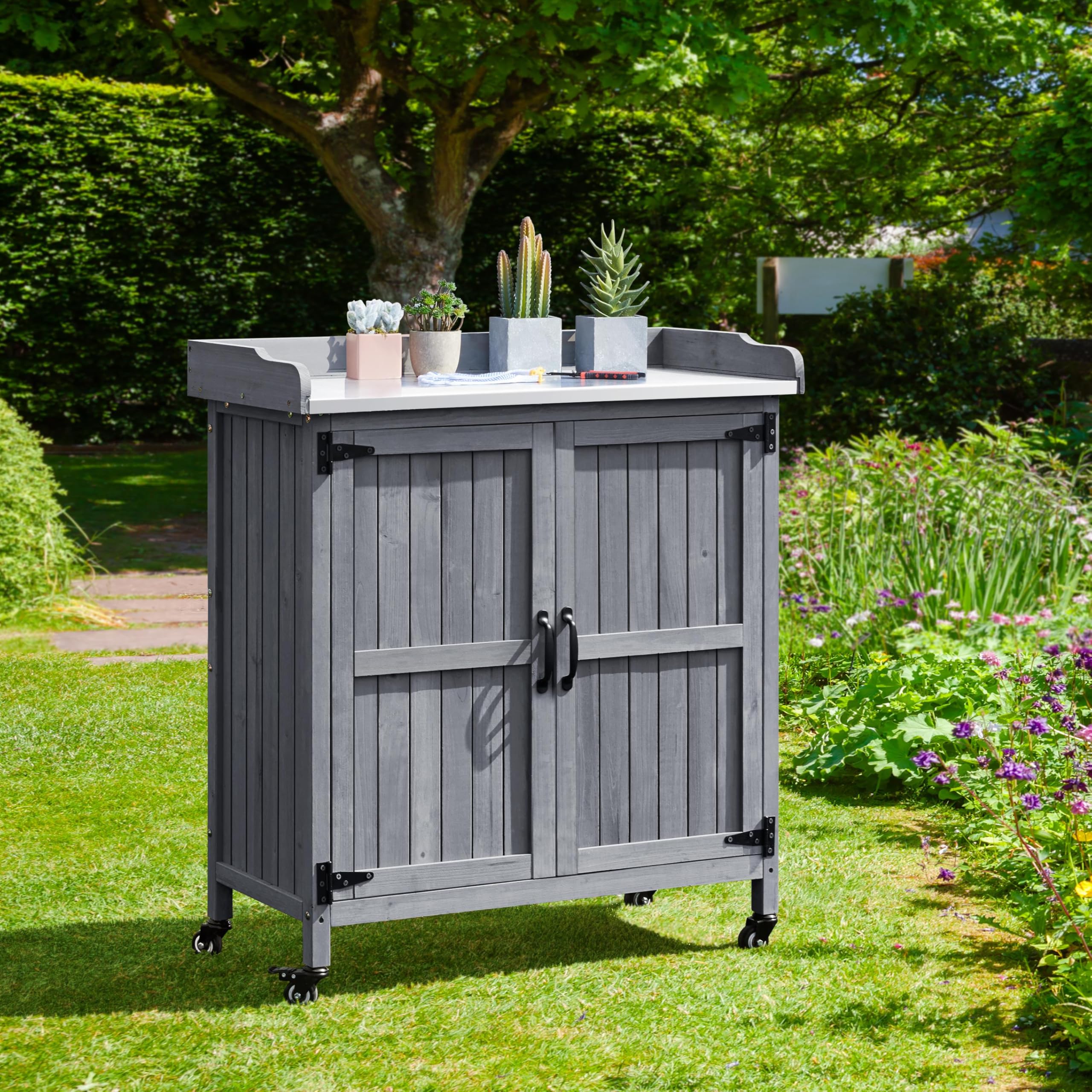 Rolling Garden Potting Bench with Metal Top & Storage