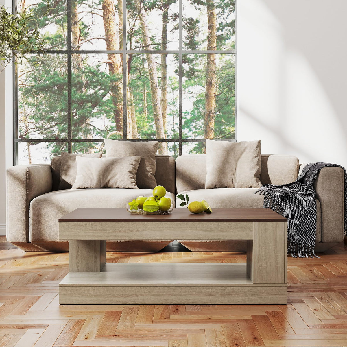 Miereirl Farmhouse Coffee Table with Storage Shelf, 2-Tier Wood Rustic Center Table with LED Light, 47” Rectangular Tea Tables for Living Room, Apartment, Office,Walnut &Light Ash White