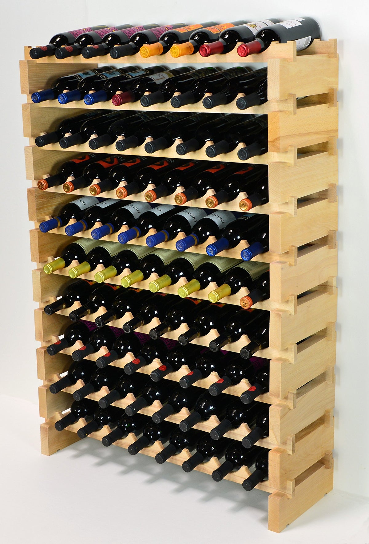 sfDisplay.com,LLC. Modular Wine Rack Beechwood 32-96 Bottle Capacity 8 Bottles Across up to 12 Rows Newest Improved Model (80 Bottles - 10 Rows)