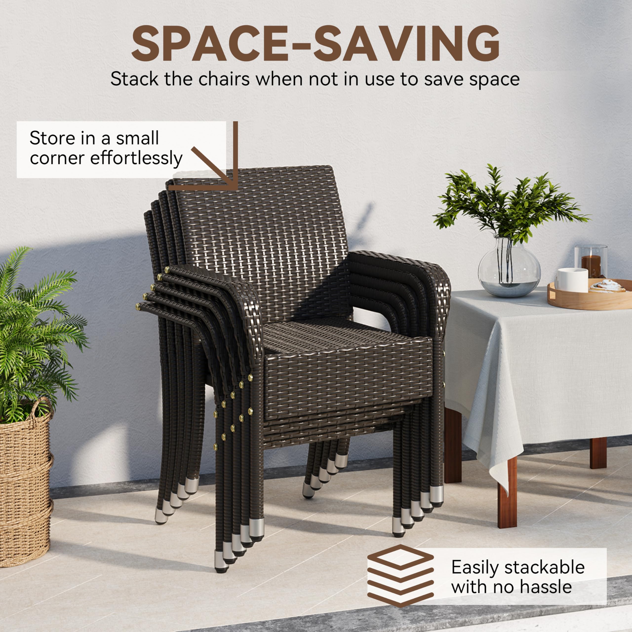 Yaheetech Set of 4 Stackable Outdoor Rattan Dining Chairs, All-Weather Armchair w/Armrests, Steel Frame for Garden, Patio, Deck, Yard, Poolside, Brown