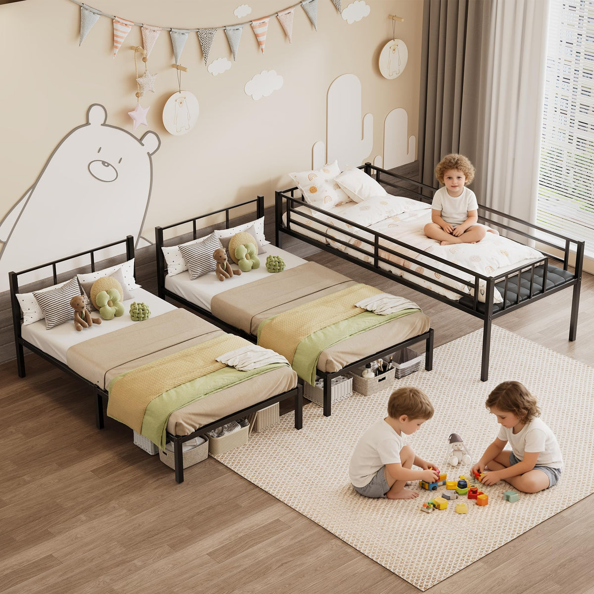 Metal Triple Bunk Bed with Charging Station