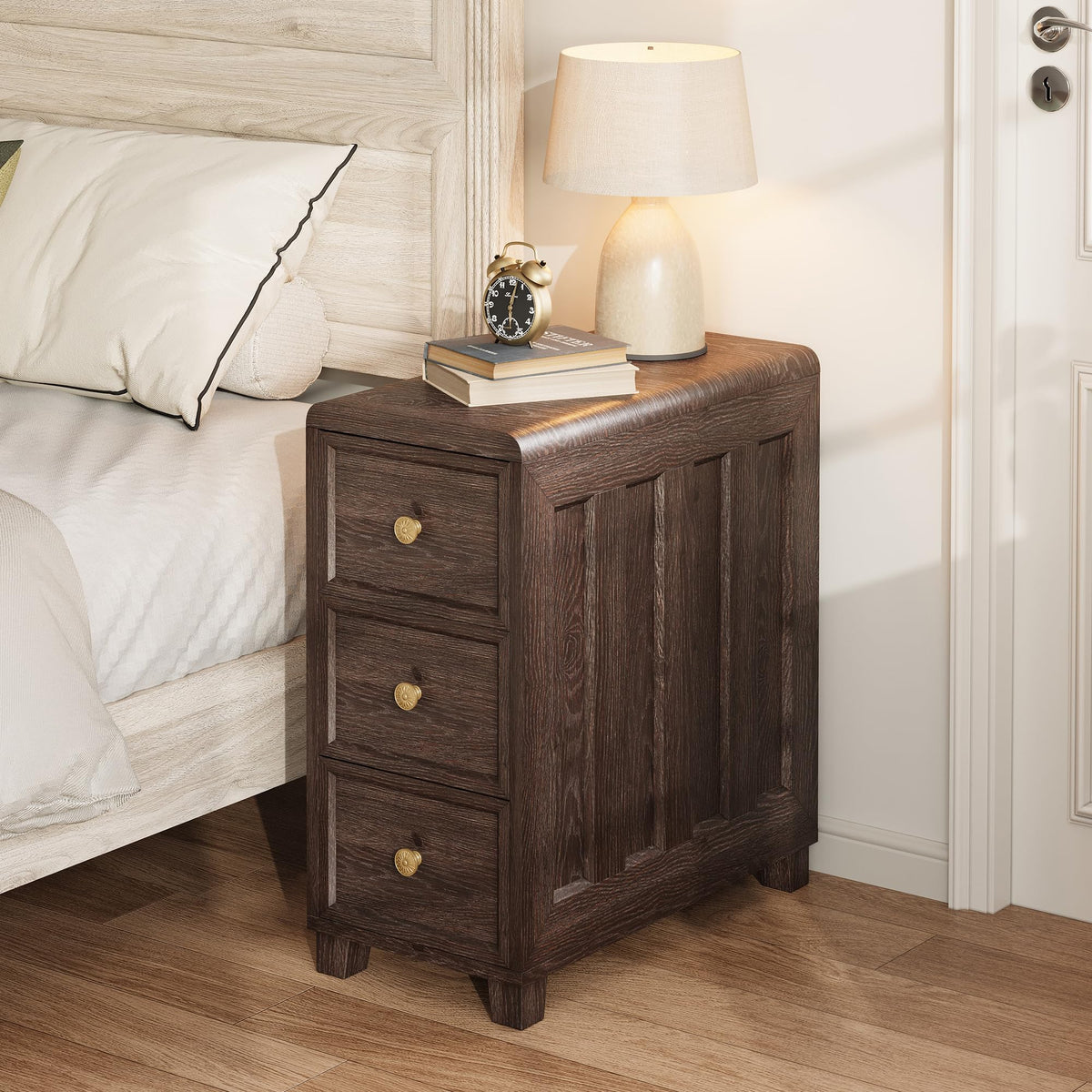 LINSY HOME Solid Wood End Table, 3-Drawer Rustic Nightstand, Dark Brown