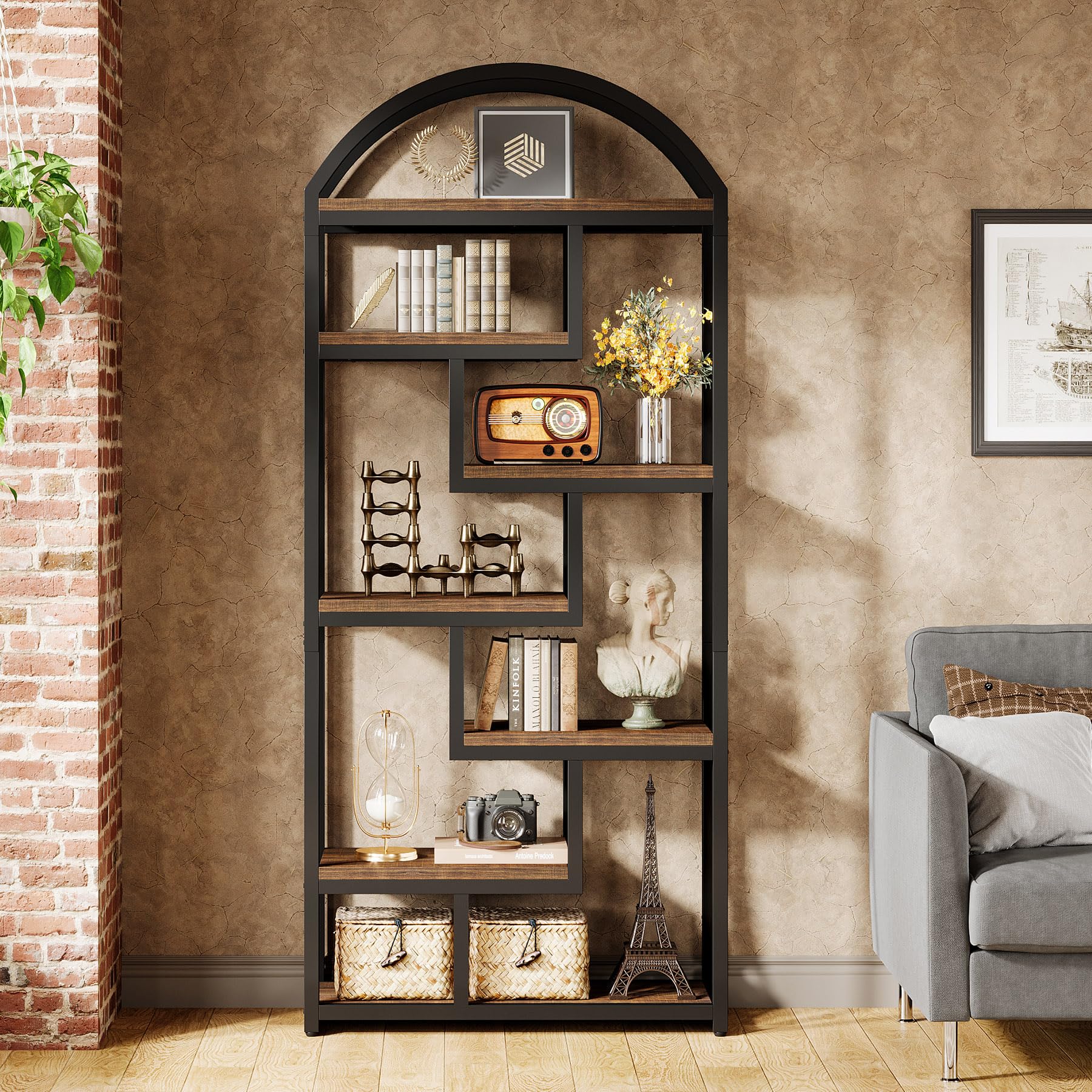 71" Arched Bookshelf 7-Shelf Industrial Etagere