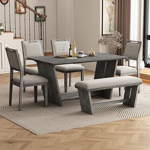 6-Piece Retro Dining Set with Table, 4 Chairs & Bench