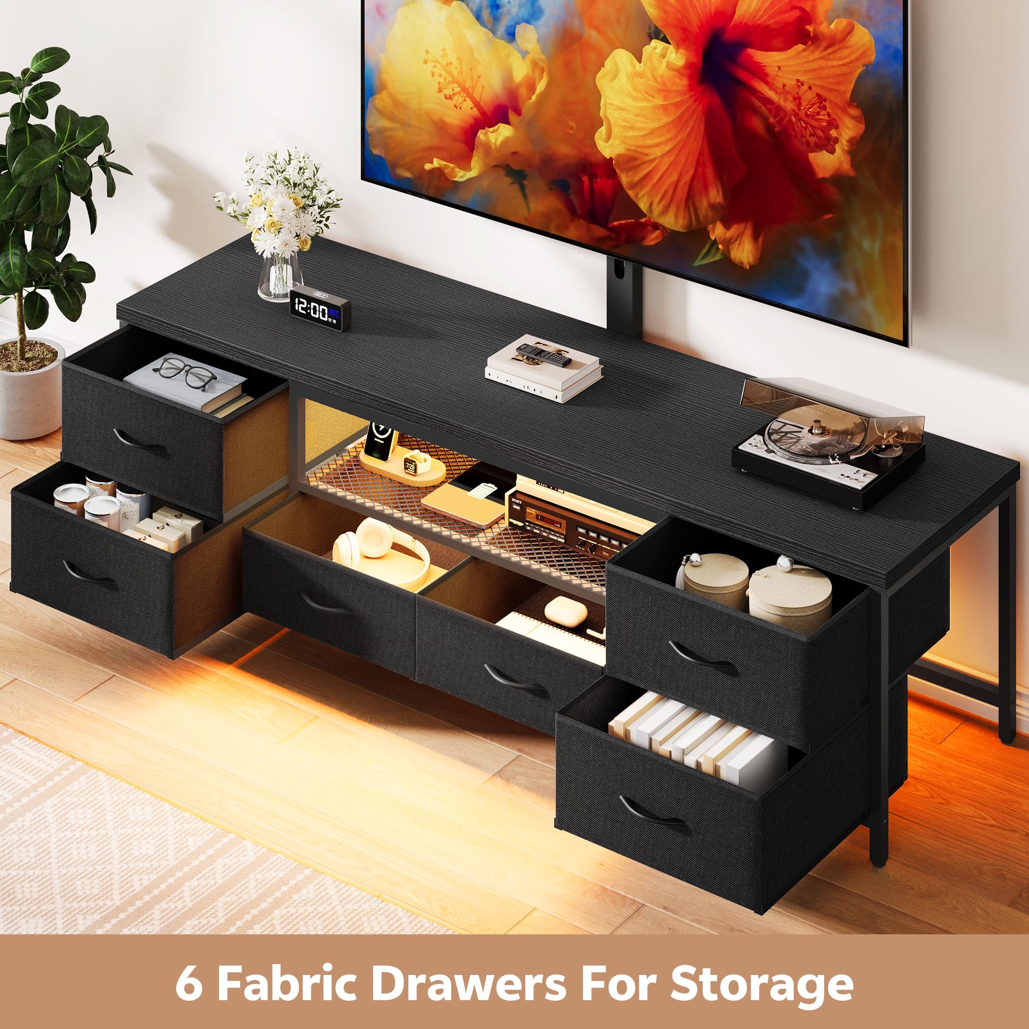 Homiflex TV Stand for 80 Inch TV with Mount, LED Entertainment Center w/Fabric Drawers & Power Outlets, Industrial Media Console for Living Room, Bedroom, Open Storage Shelves - 71'' Black