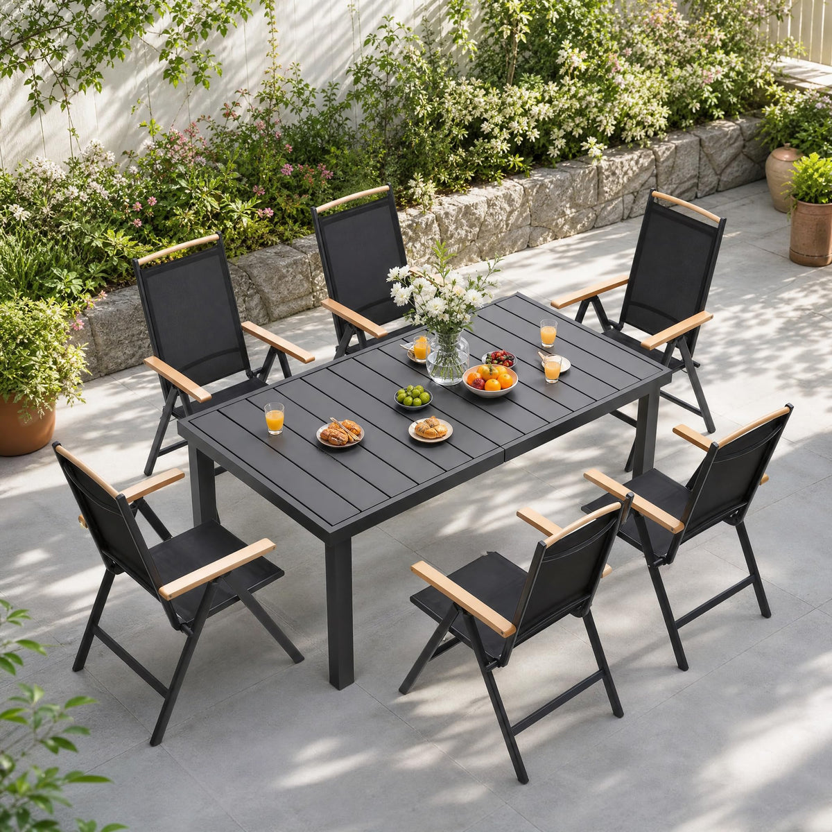 DWVO Outdoor Dining Table for 6, 55 Inch Rectangular Patio Dining Table, Aluminum Frame Outdoor Table with Poly Lumber Tabletop, Black Patio Table for Backyard Garden Lawn Deck