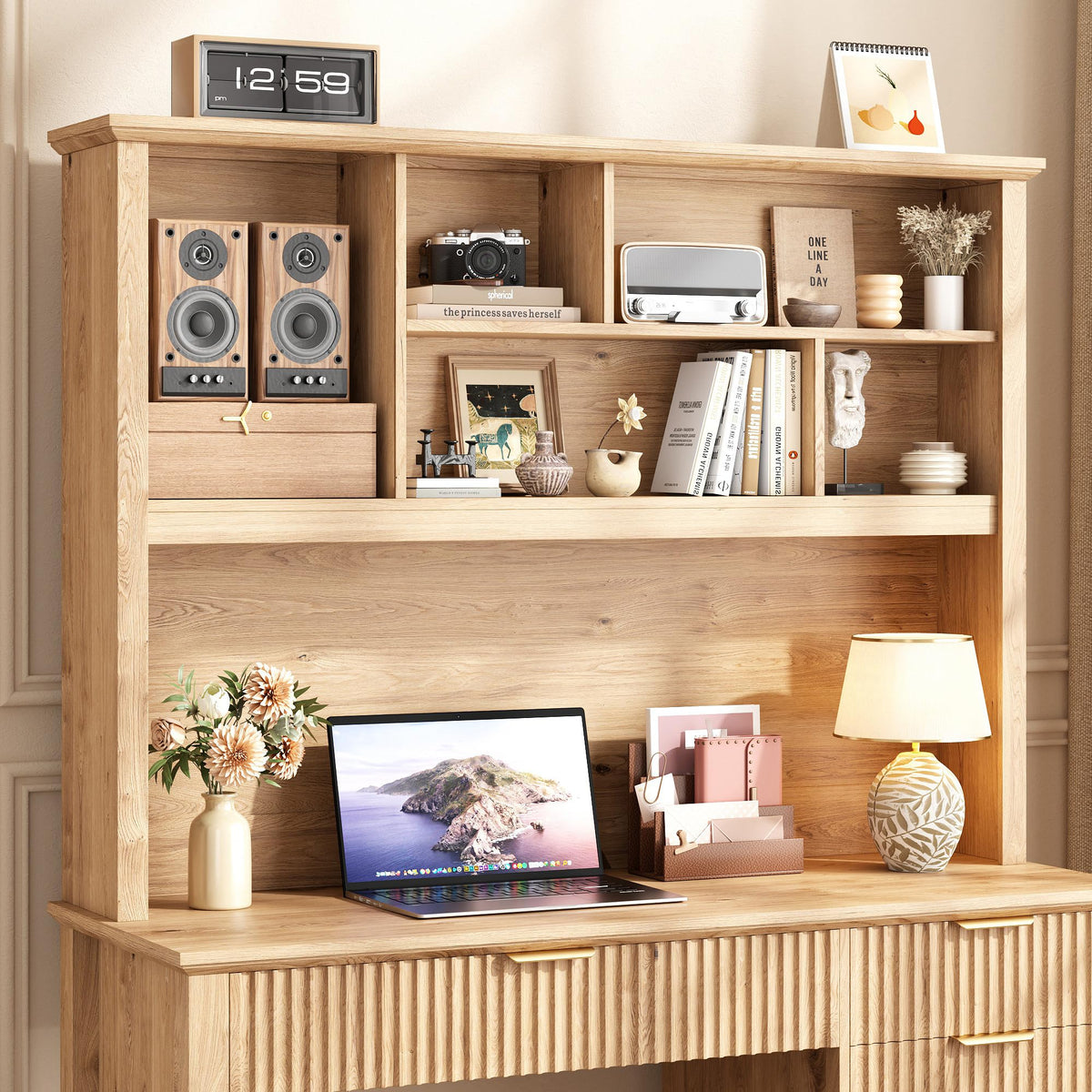 Halitaa Fluted Computer Desk with Hutch and Ample File Drawer, Natural