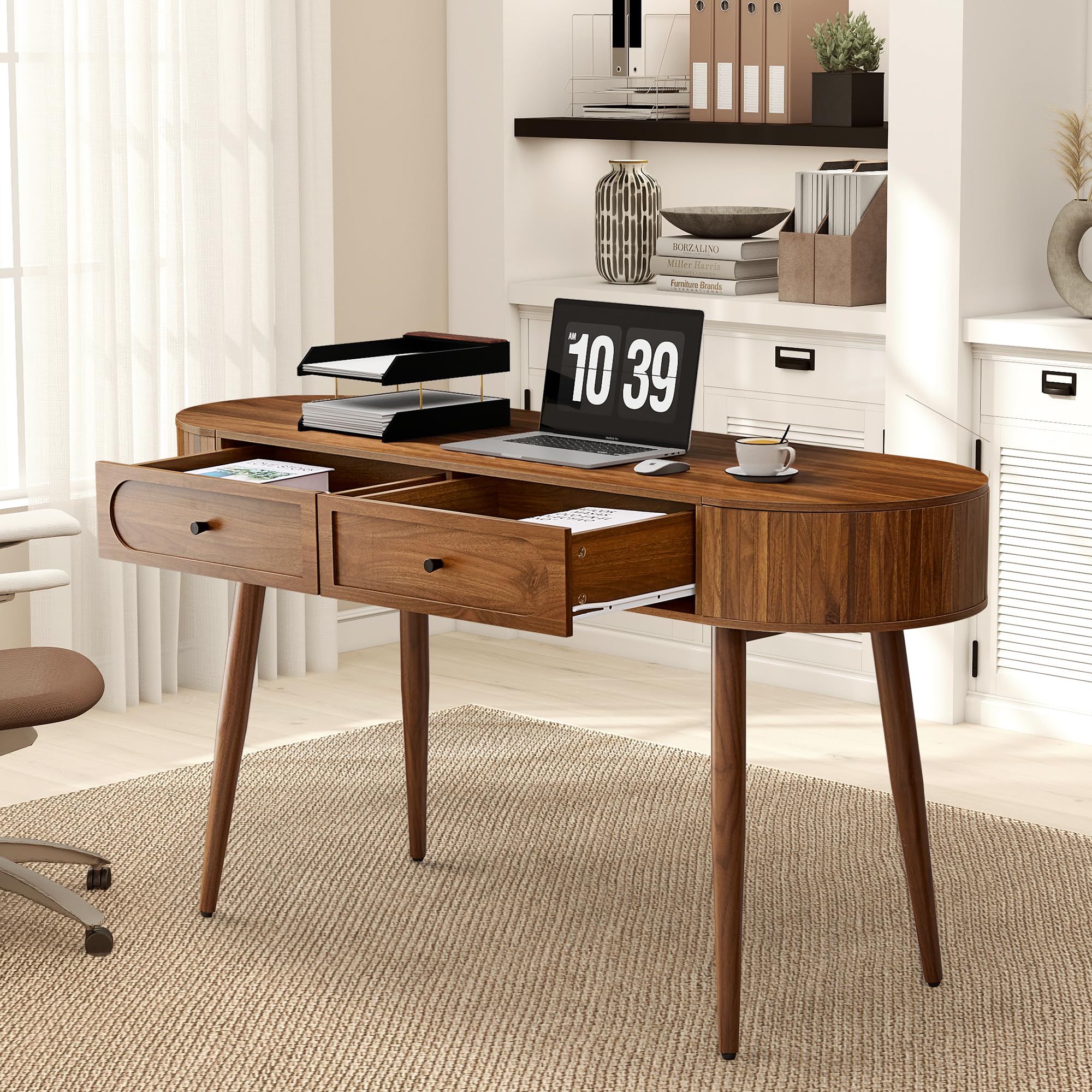 Mid-Century Oval Writing Desk with Drawers & Flip Storage