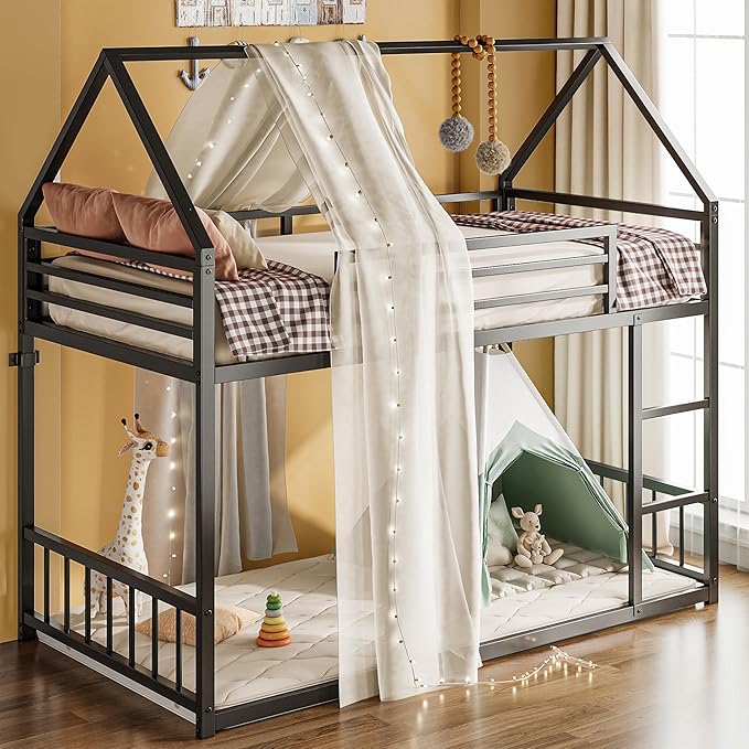Twin Over Twin House Bunk Bed with Ladder & Guardrail