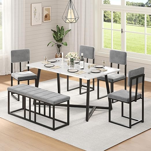 5-Piece Faux Marble Dining Table Set with Upholstered Chairs
