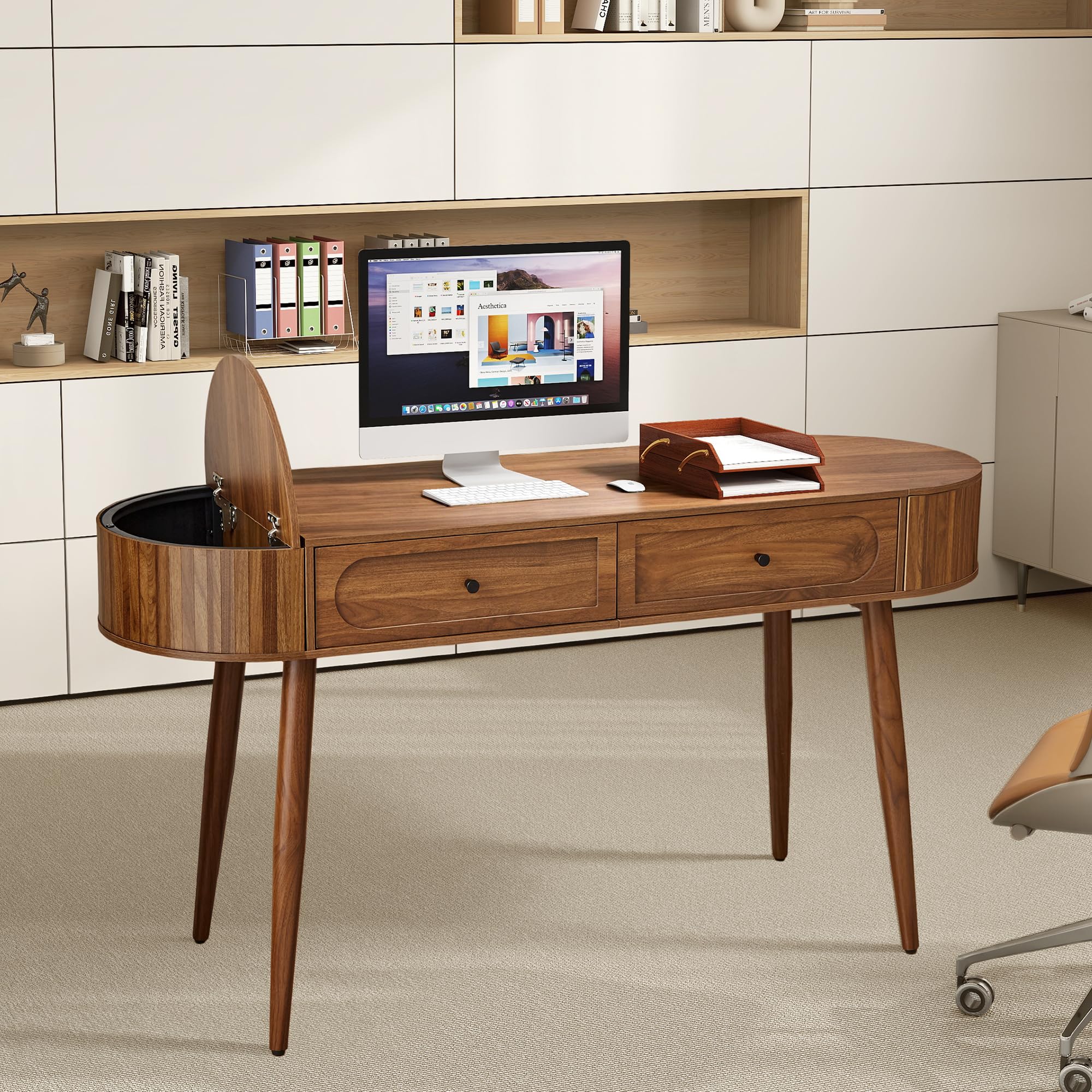 Mid-Century Oval Writing Desk with Drawers & Flip Storage