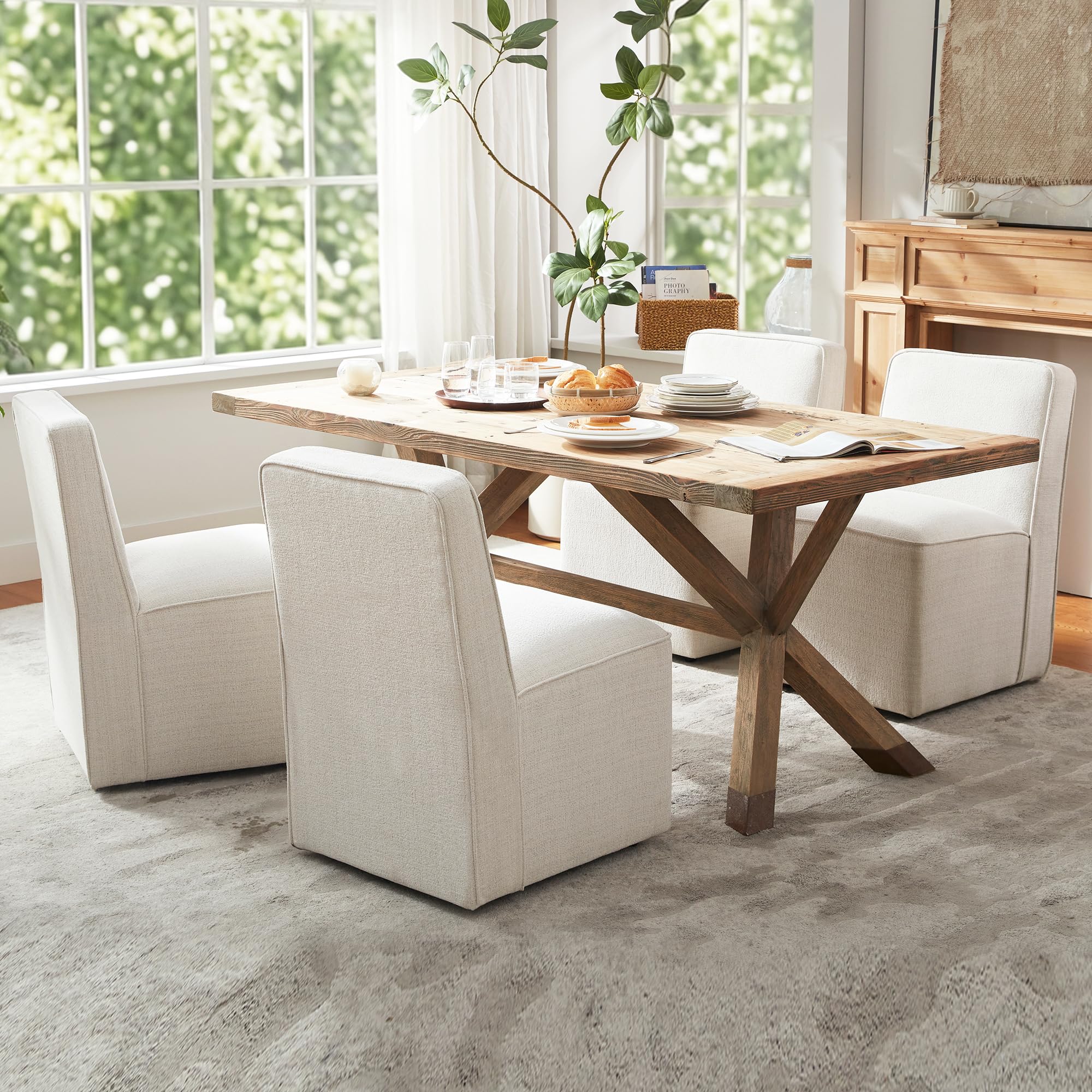 JOFFVIG Upholstered Dining Chair with Casters Set of 4, Armless Modern Rolling Chenille Dining Chairs with Wheels for Dining Room Bedroom Reading Room Living Room