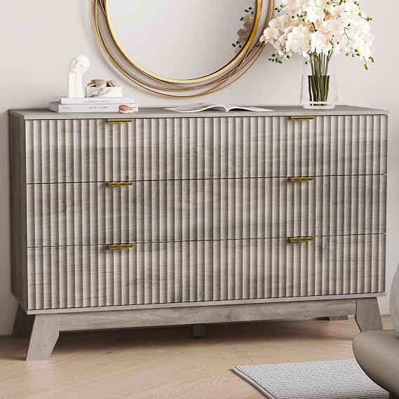 6-Drawer Fluted Dresser with Gold Handles