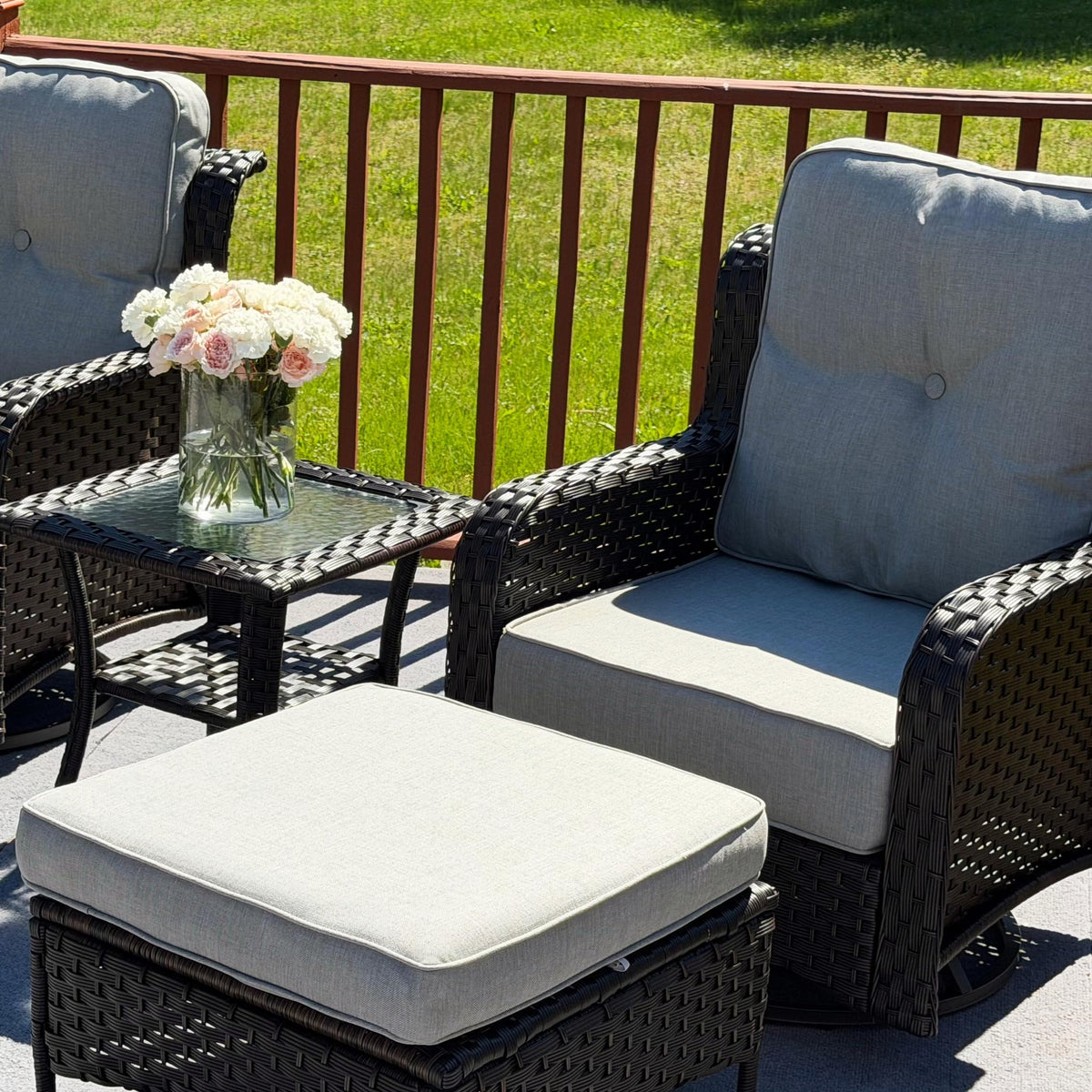 Sundale Outdoor Set of 2 Wicker Ottomans, 22.83" x 22.83" Outdoor Footrest with 4" Thick Large Cushions, All Weather Rattan Patio Ottoman for Footstool, Side Table (Grey)