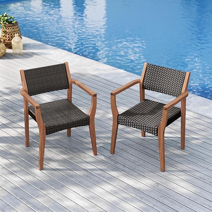 Expandable Acacia Wood Patio Dining Set with Rattan Chairs