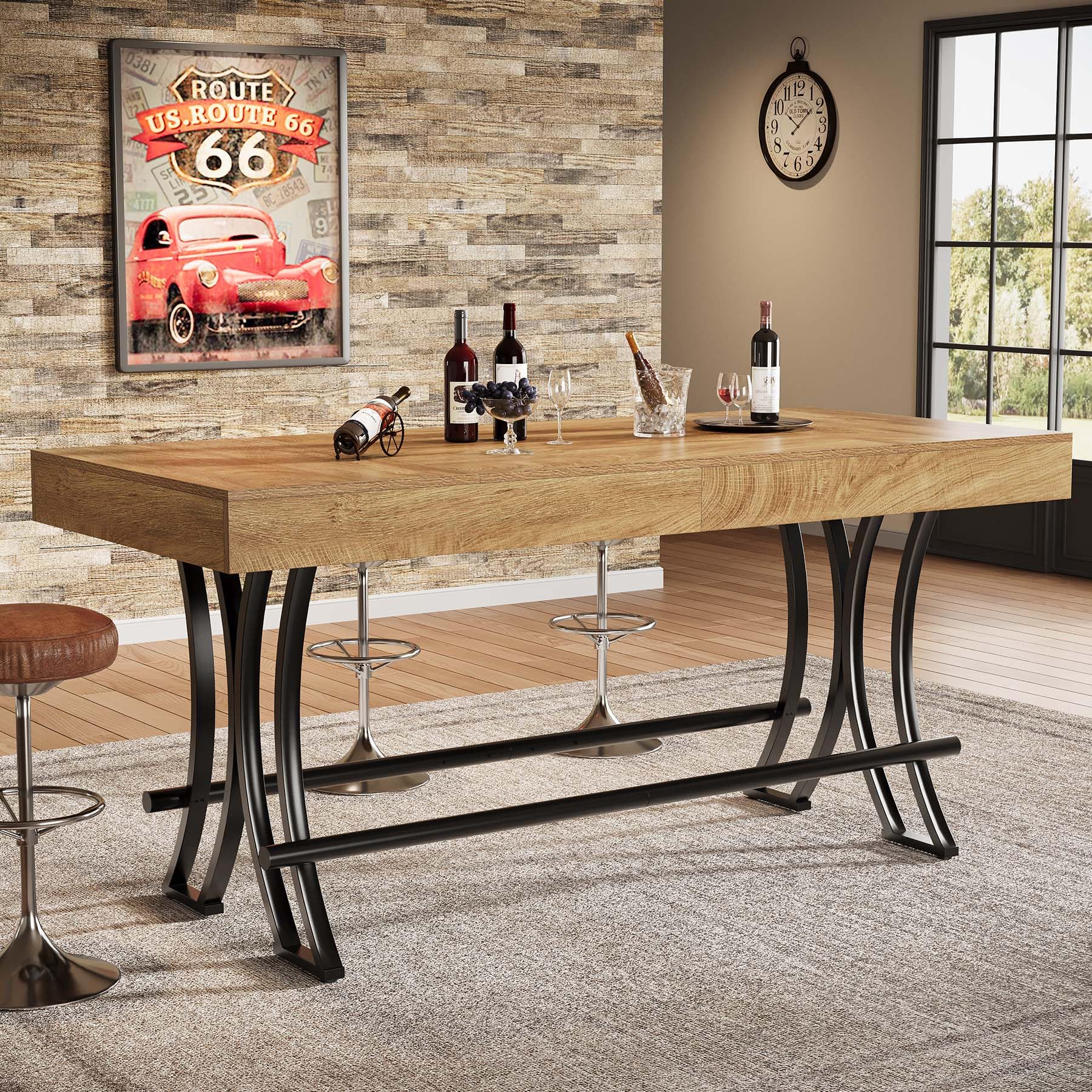 Tribesigns 63" Counter Height Bar Table with Metal Footrest, Rectangular Tall Kitchen Dining Pub Table, Industrial Home Bar Unit for Entertaining, Freestanding, Rustic Brown