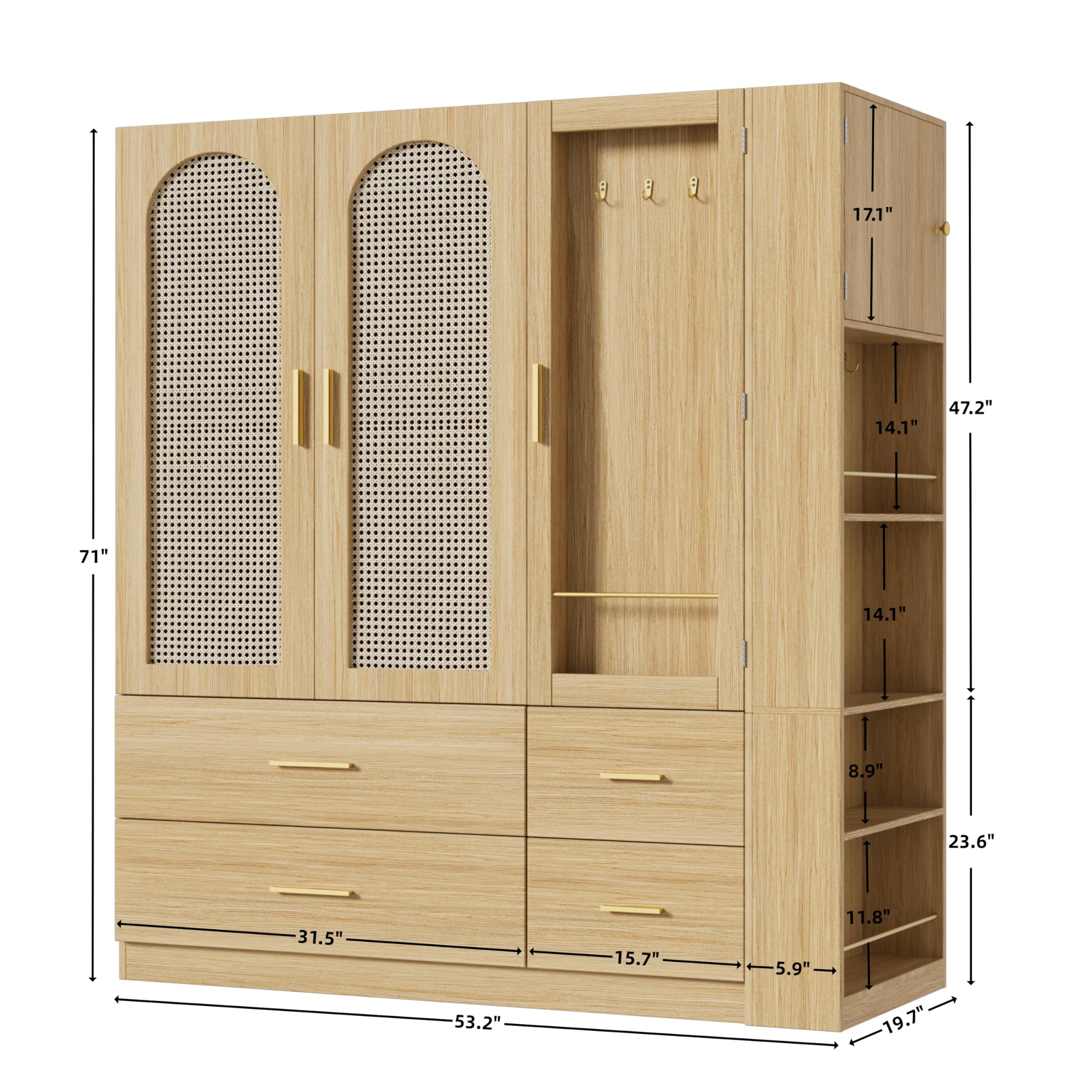 3-Door Rattan Wardrobe Closet with Mirror & Drawers