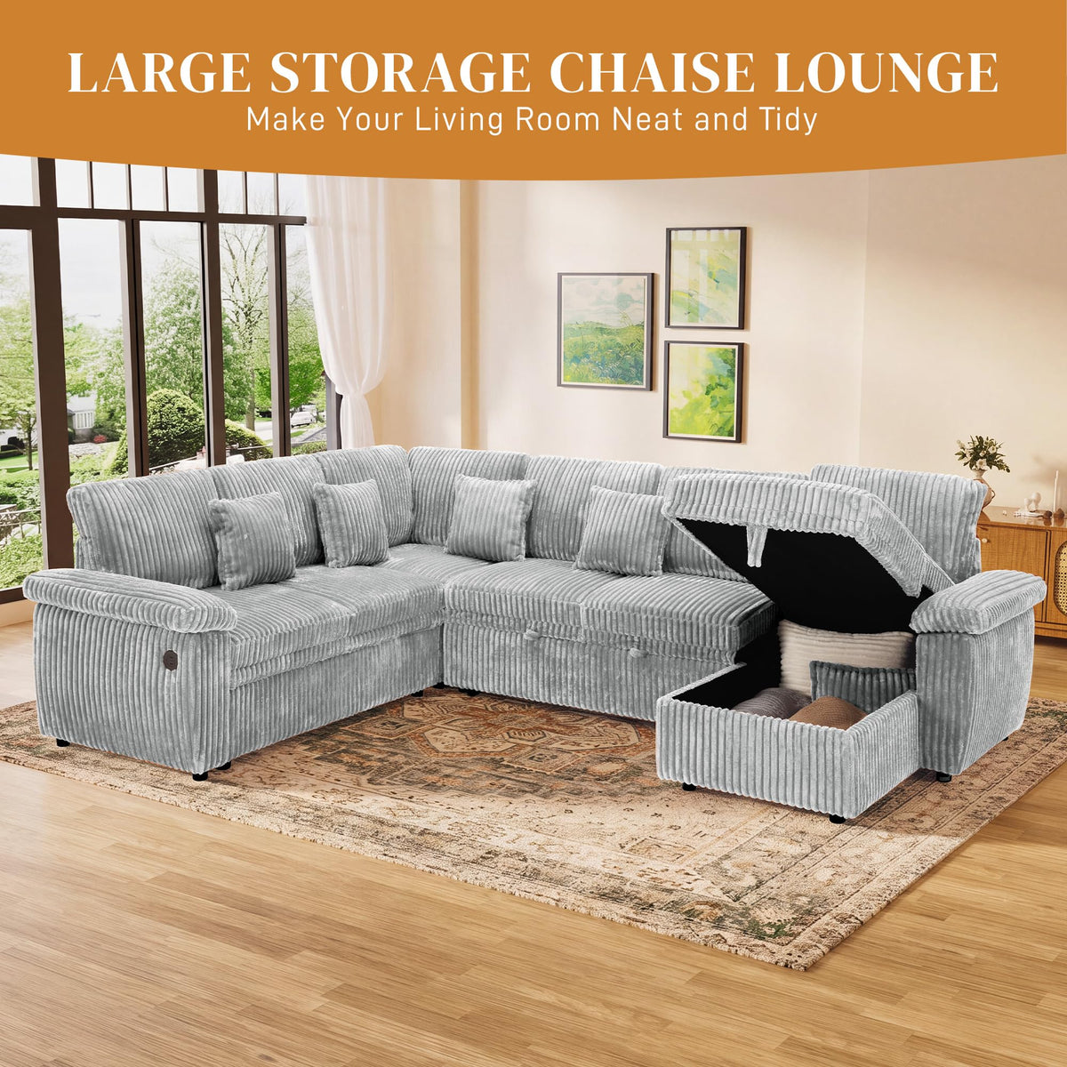 Poblink Modular Sectional Sleeper Sofa with Pull Out Bed, 104" U Shaped 7 Seat Cloud Sectional Couches for Living Room, Comfy Corduroy Couch Sofa Bed with Storage Chaise, USB Charging, Light Grey