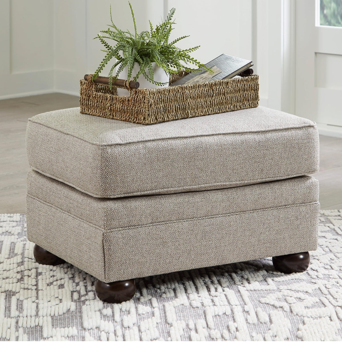 Signature Design by Ashley Gaelon Transitional Rectangular Upholstered Ottoman with Bun Legs, Light Brown