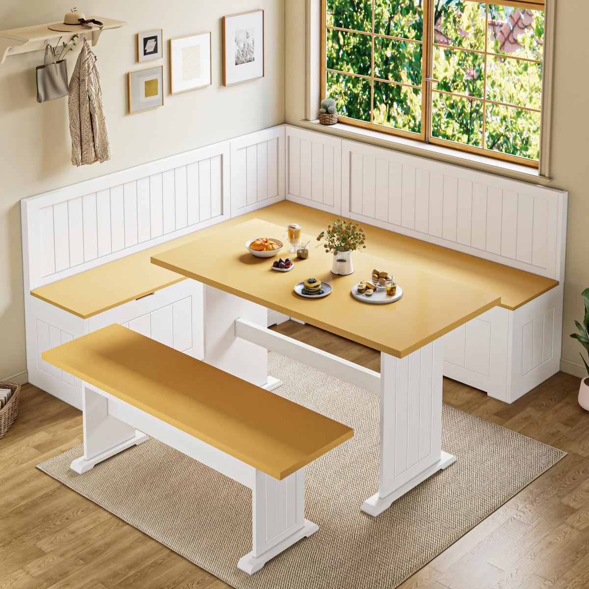 Corner Breakfast Nook Table Set with Cushion, Corner Dining Table Bench Set
