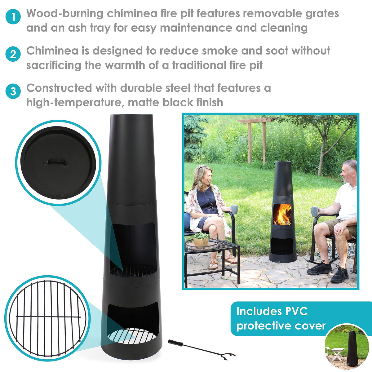 Sunnydaze Chiminea Outdoor Fireplace - Chiminea Fire Pit with Poker and Cover - Outdoor Wood-Burning Fire Pit - Black