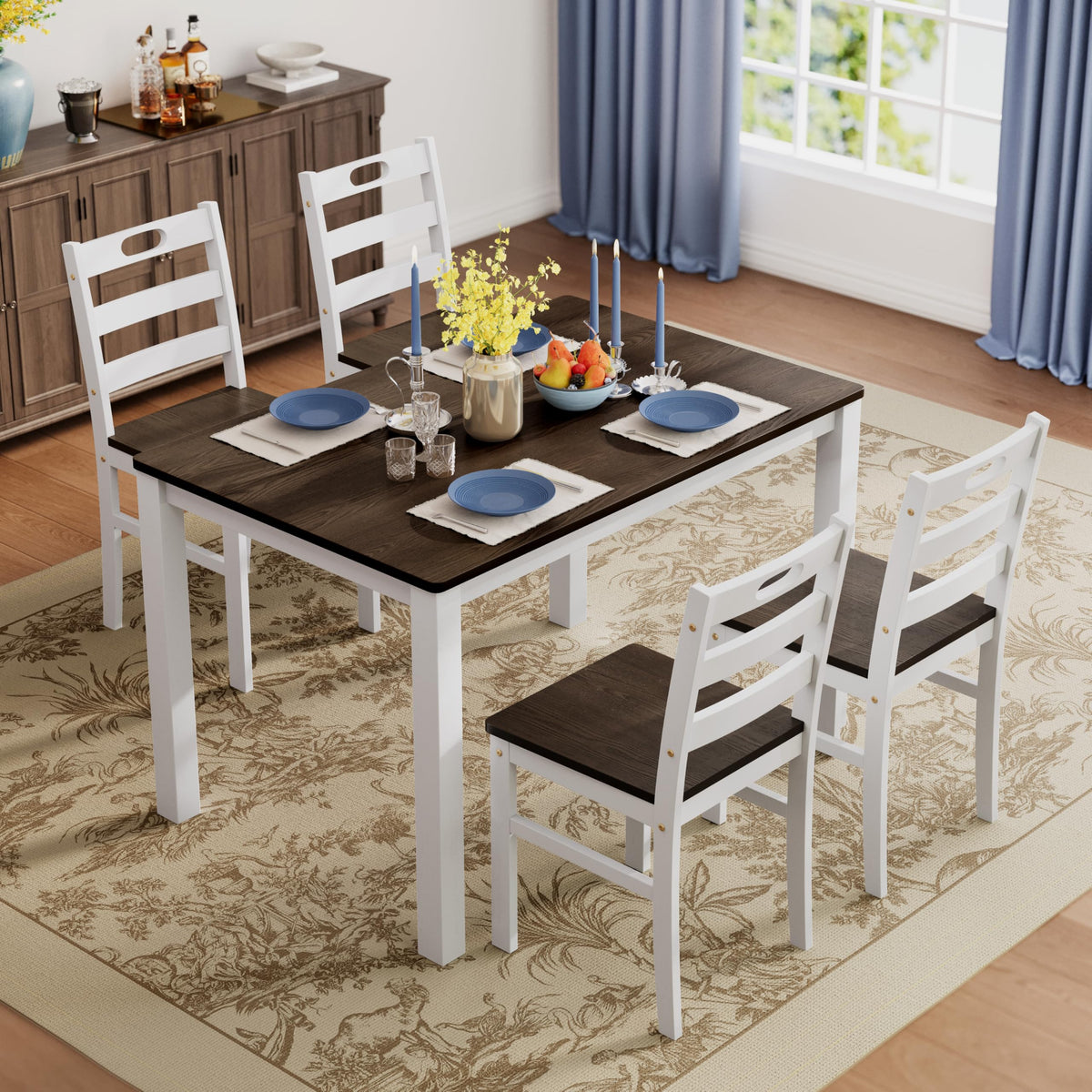 PHI VILLA Dining Table Set for 4, Solid Wood Kitchen Table and Chairs