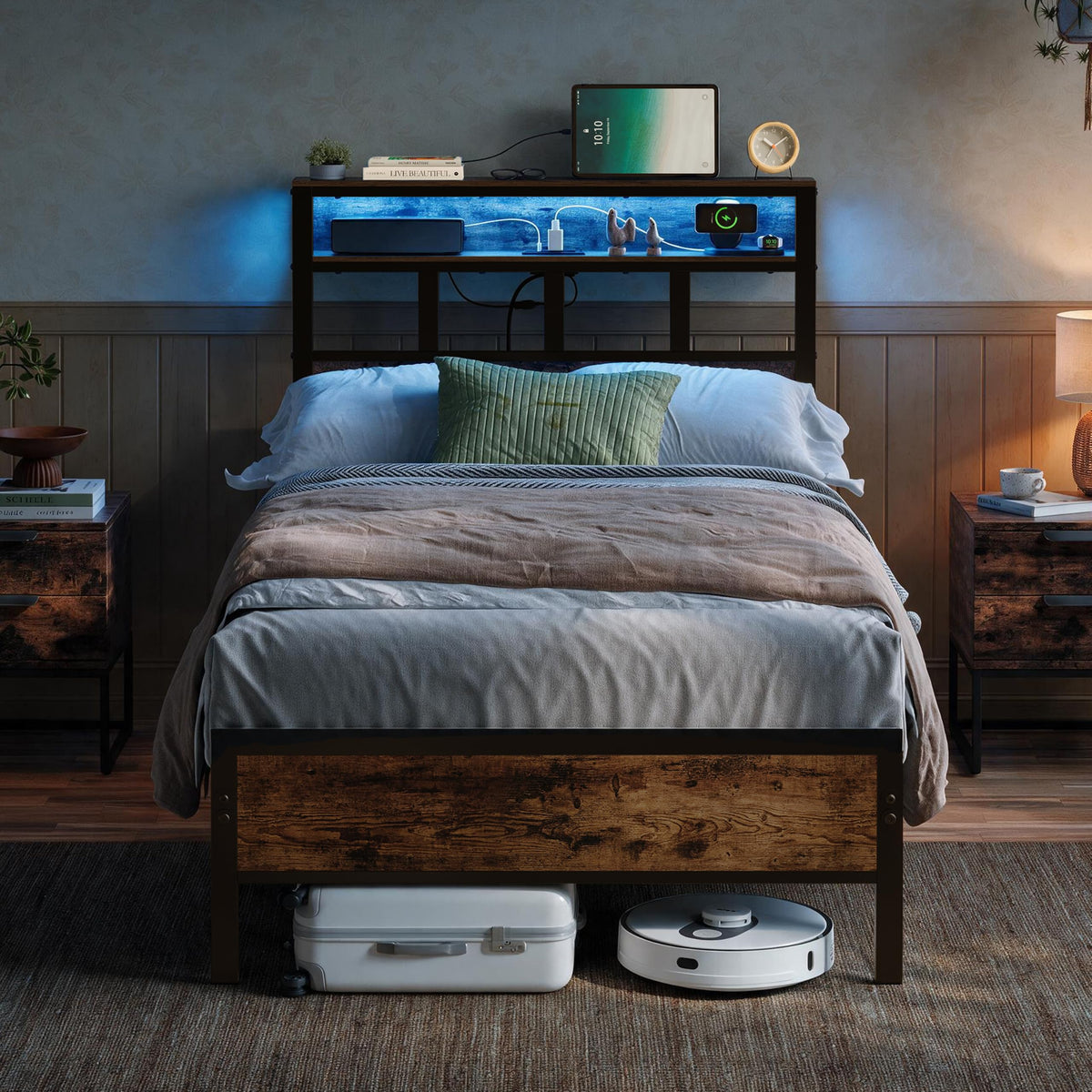 YOSEZON Twin Bed Frame with Headboard and Storage Shelf, Metal Platform Bed Frame with Charging Station, LED Lights, Noise-Reducing, No Box Spring Needed, Rustic Brown