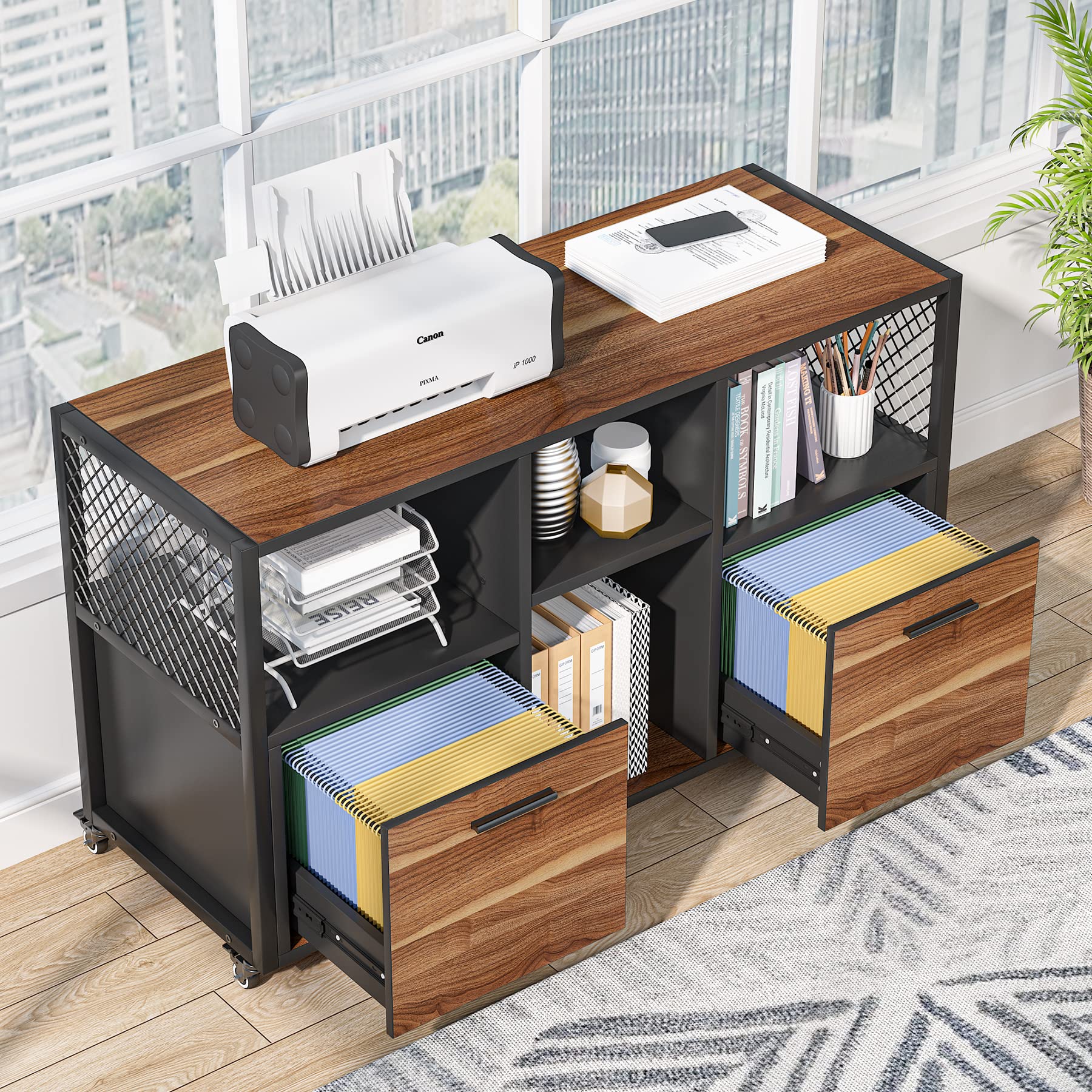 Mobile Lateral Filing Cabinet with Storage Shelves