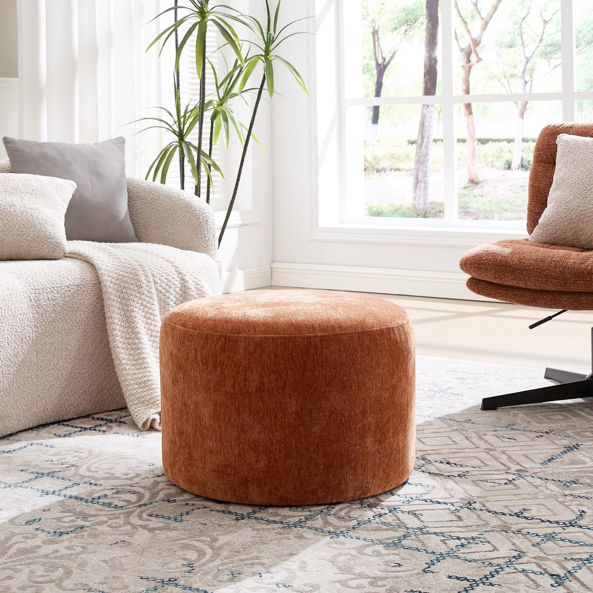 Scingu Upholstered Round Pouf Ottoman Set of 2, Orange-Brown Footstools