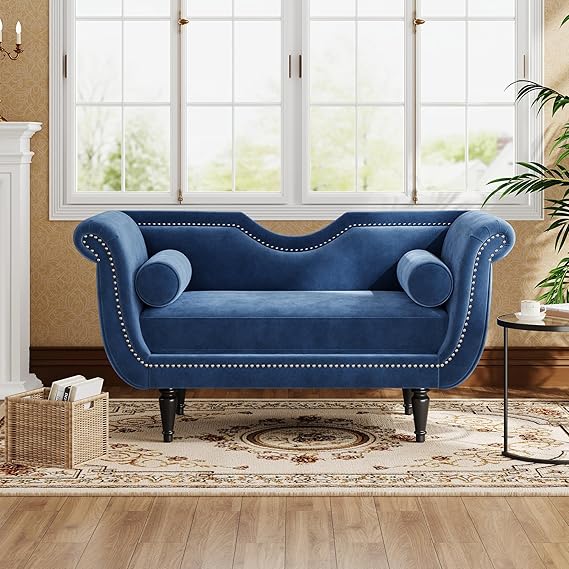 Velvet Ottoman Bench with Bolster Pillows & Nailhead Trim