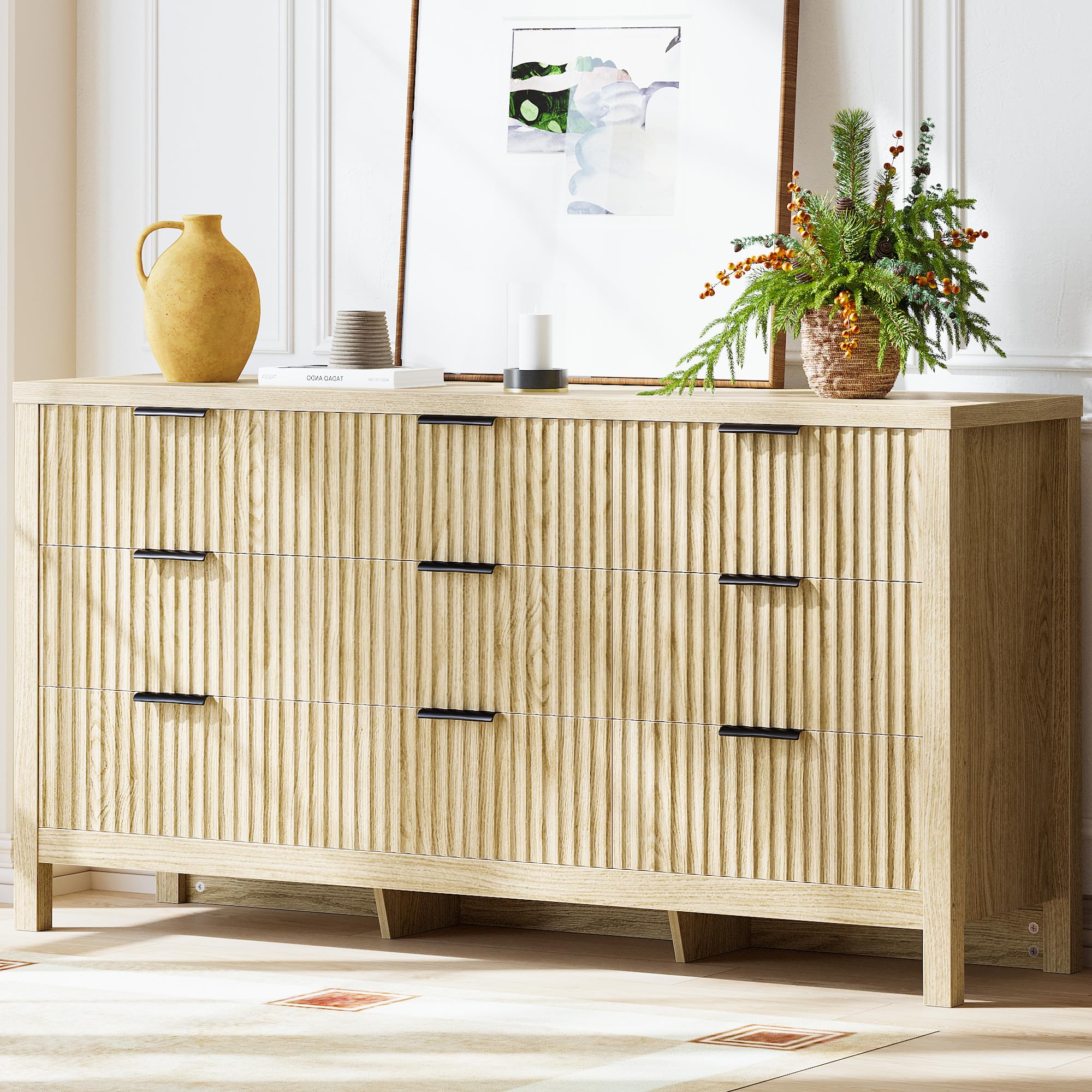 9-Drawer Fluted Dresser with Metal Handles – Natural Oak
