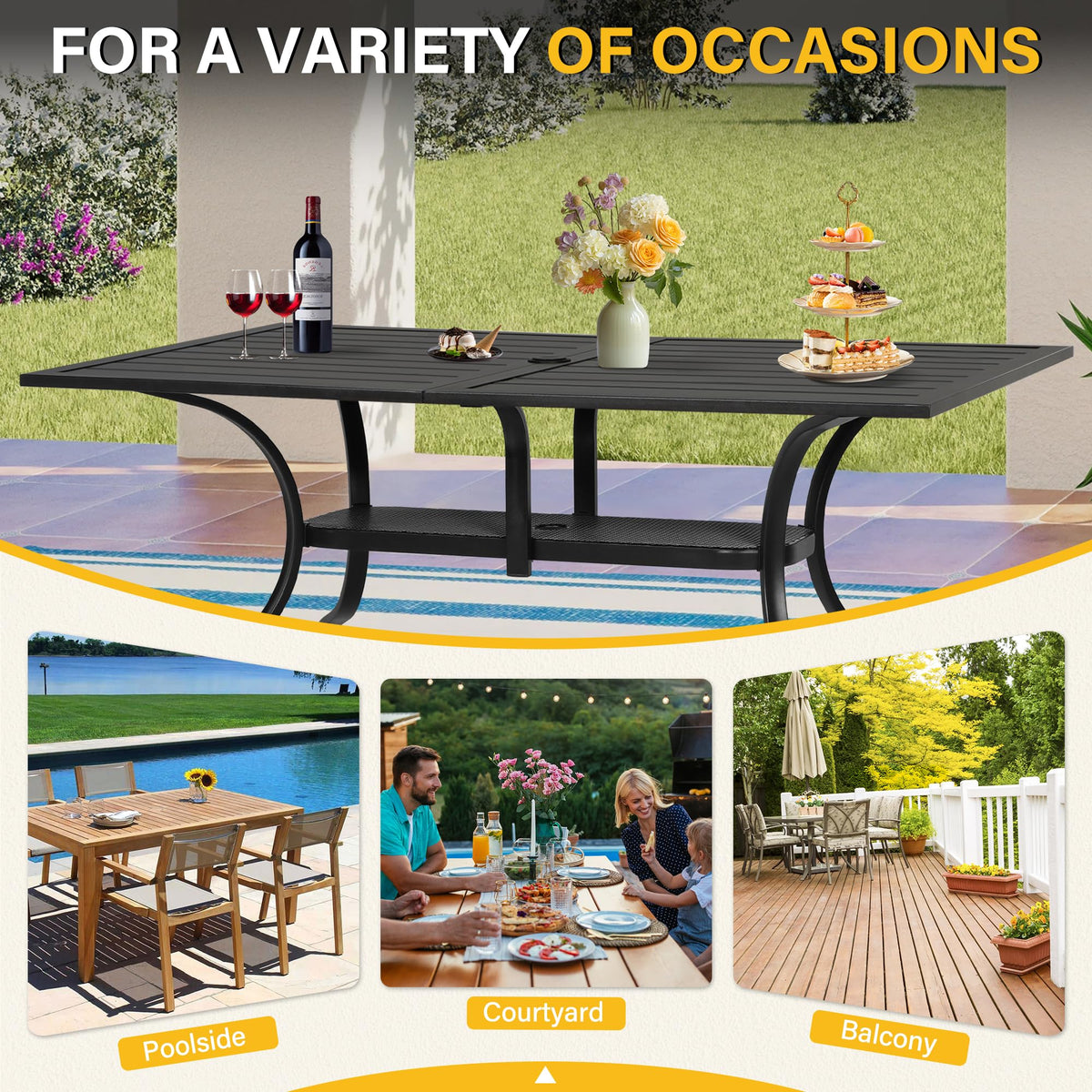 Patiomore Patio Dining Table, 60" x 37"Outdoor Rectangular Metal Table,1.57" Umbrella Hole, for Backyards, Porches, Gardens or Poolside, Black