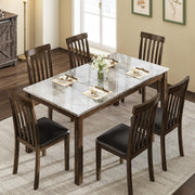 LUXOAK 7-Piece Solid Wood Dining Table Set, 71" Faux Marble Kitchen Table with 6 Chairs, Curved Backrests & PU Cushioned Seats, Perfect for Dining Room & Living Room