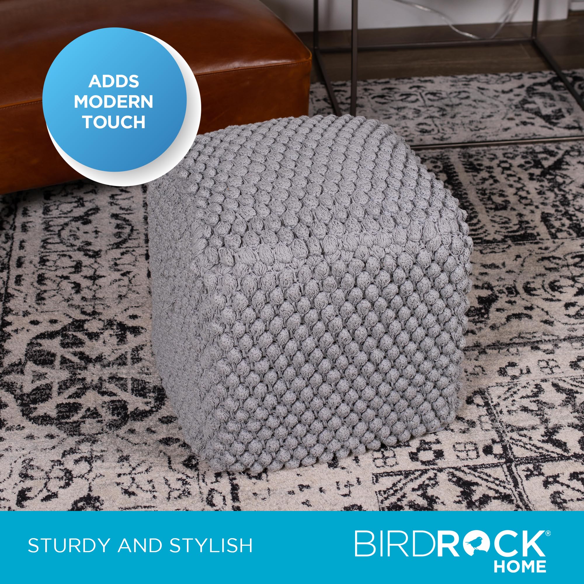 BIRDROCK HOME Square Pouf Ottoman Foot Rest - 18” Compact Comfortable Soft Cotton Knit Bean Bag Floor - Chair Foot Stool Seat for Living Room, Bedroom, Kids Room or Nursery (Grey Bud)
