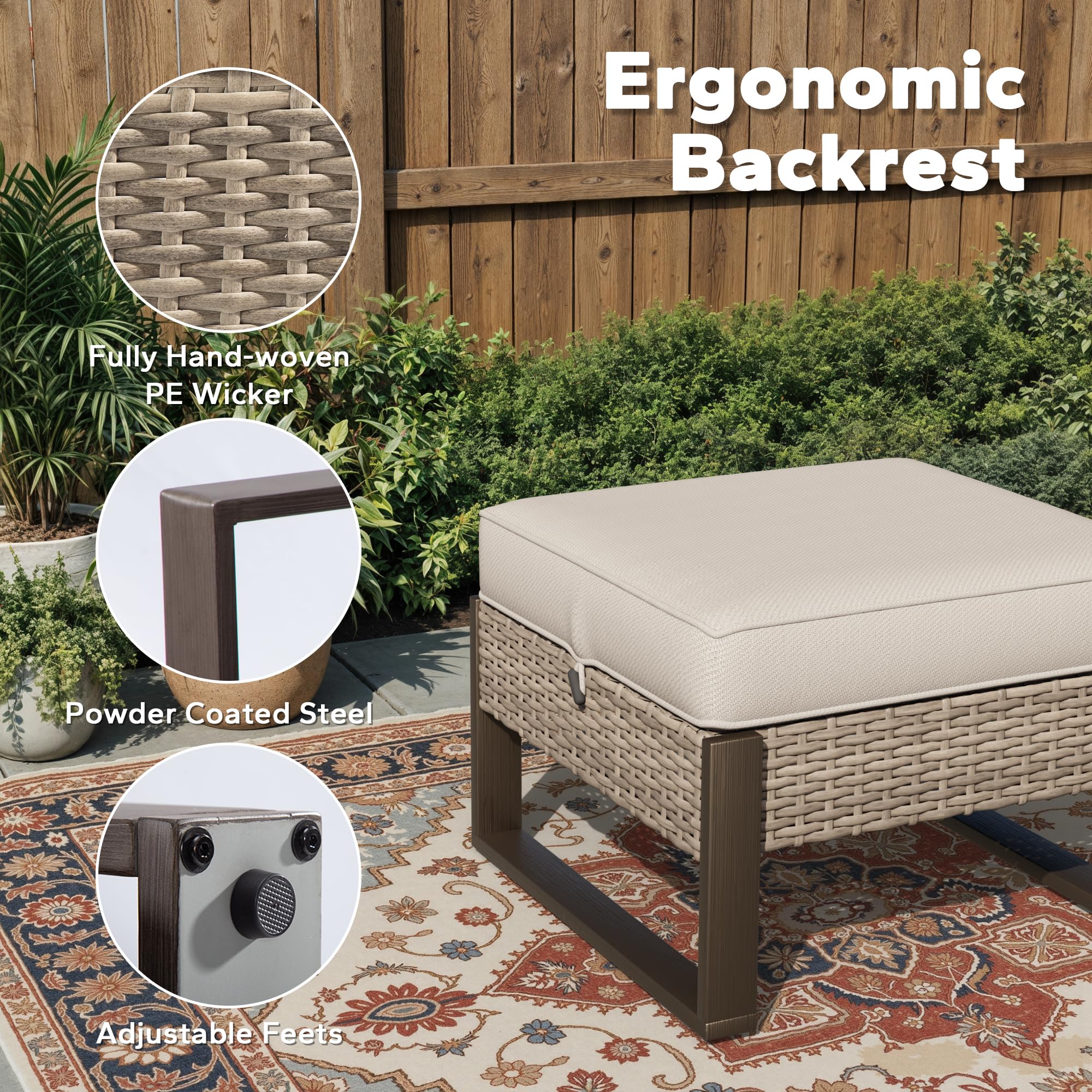 PE Rattan Outdoor Ottoman with Cushion – Beige
