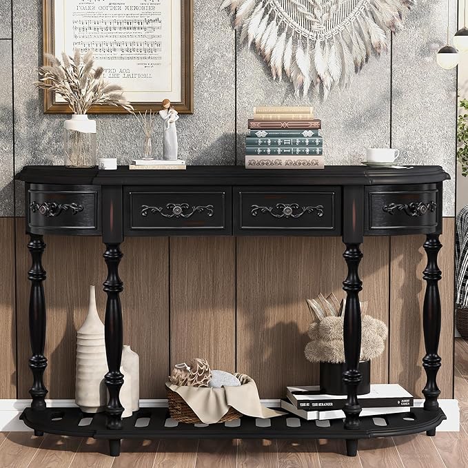 Half Moon Console Table with Drawers & Shelf, 52"