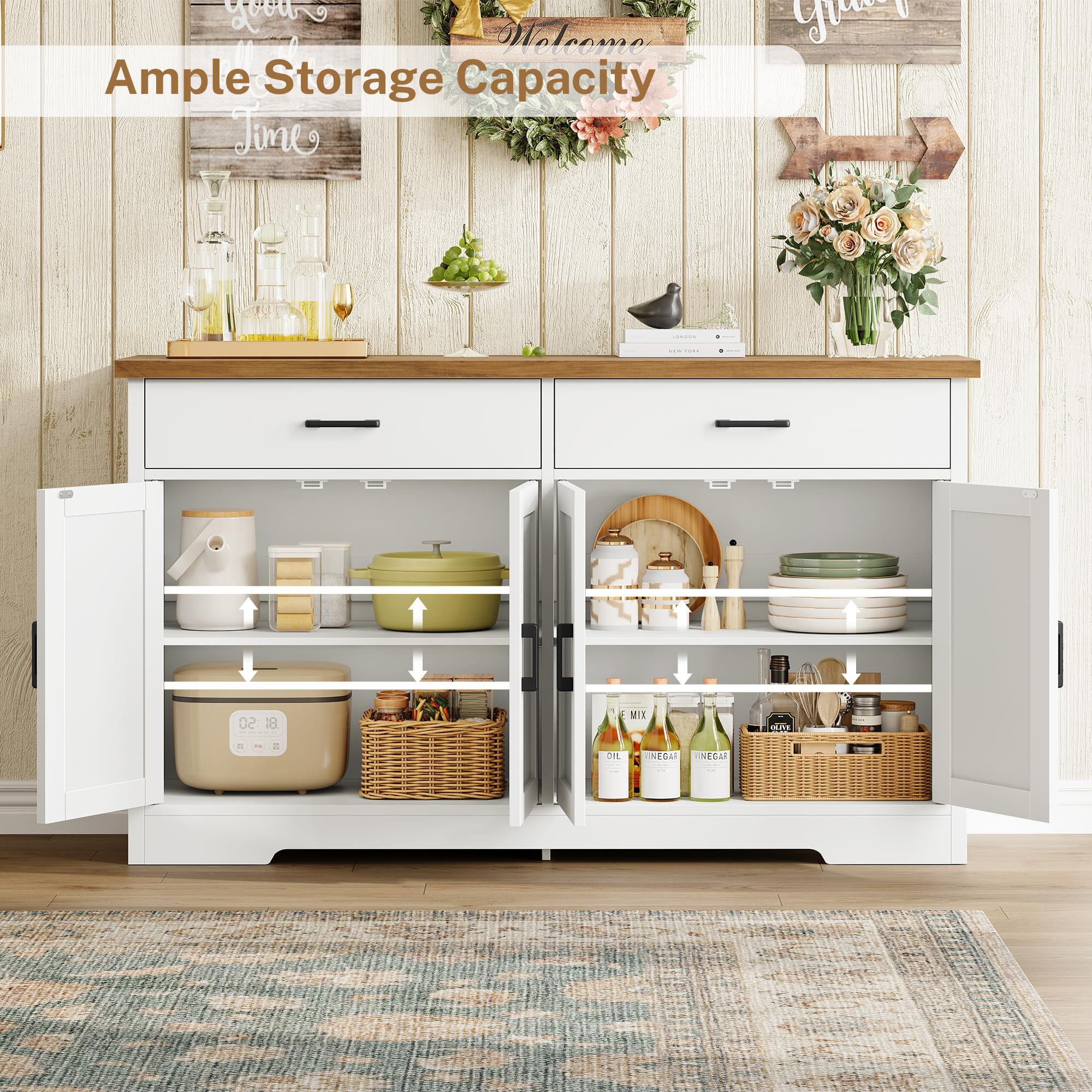 SLINEMO Buffet Cabinet with Storage and 2 Drawers, Large Sideboard Buffet Cabinet with Adjustable Shelves and Doors, Modern Coffee Bar Cabinet, White