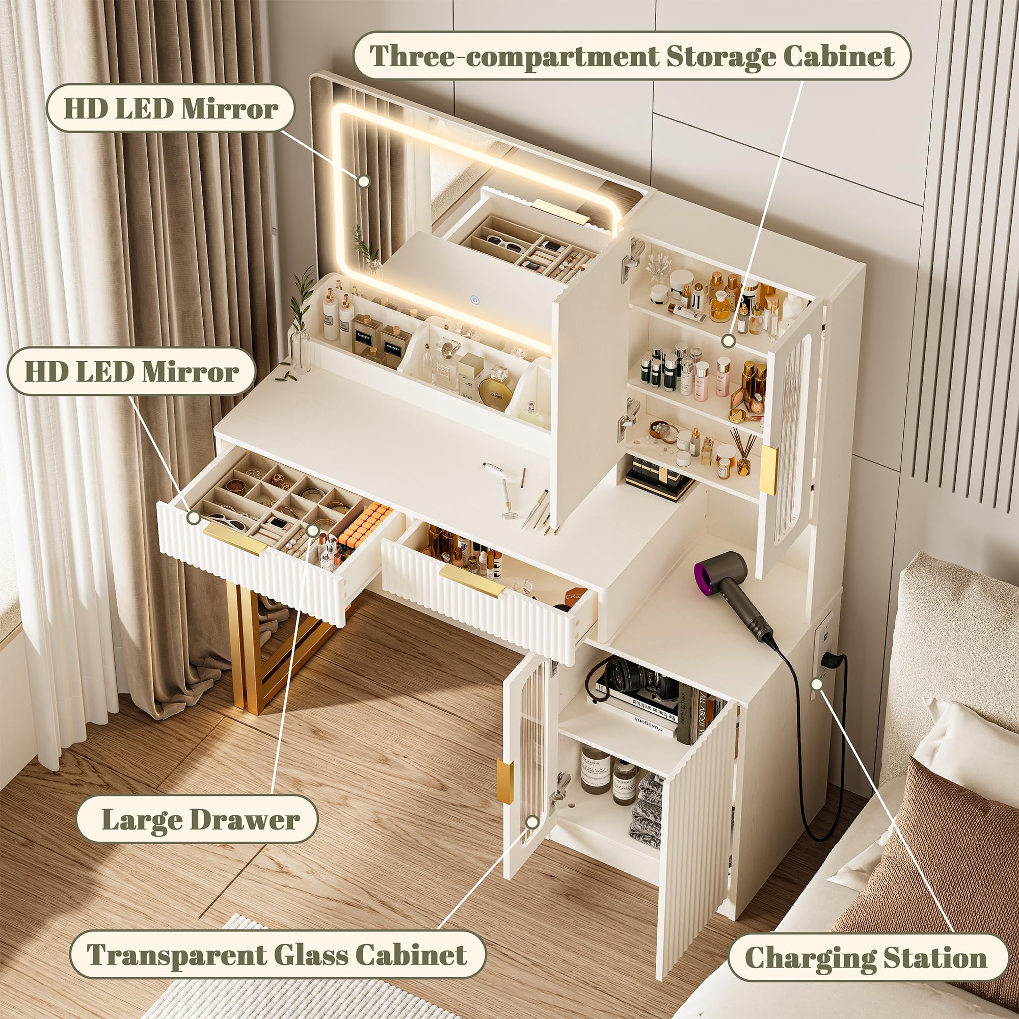 42" Modern Makeup Vanity Desk with Mirror and Lights, Makeup Vanity with 5 Shelves& 2 Drawers and Cabinet, Vanity Table with Power Outlet, 3 Color Adjustable Lighting Dressing Table Set for Bedroom