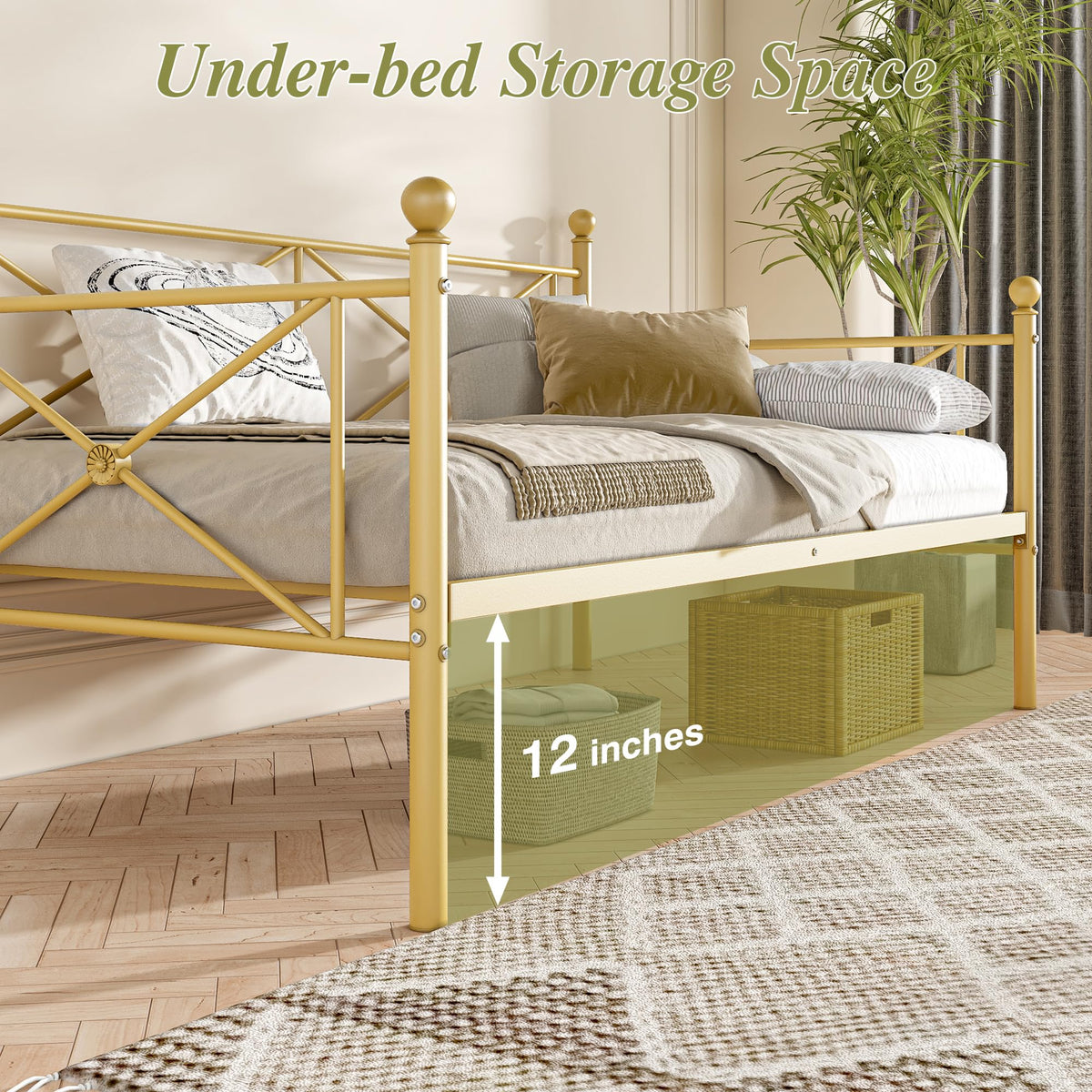 VECELO Daybed Twin Size, Day Bed Frame with Headboard, Heavy-Duty Metal Slats Support Platform for Living Room, Guest Room, Easy Assembly, Gold