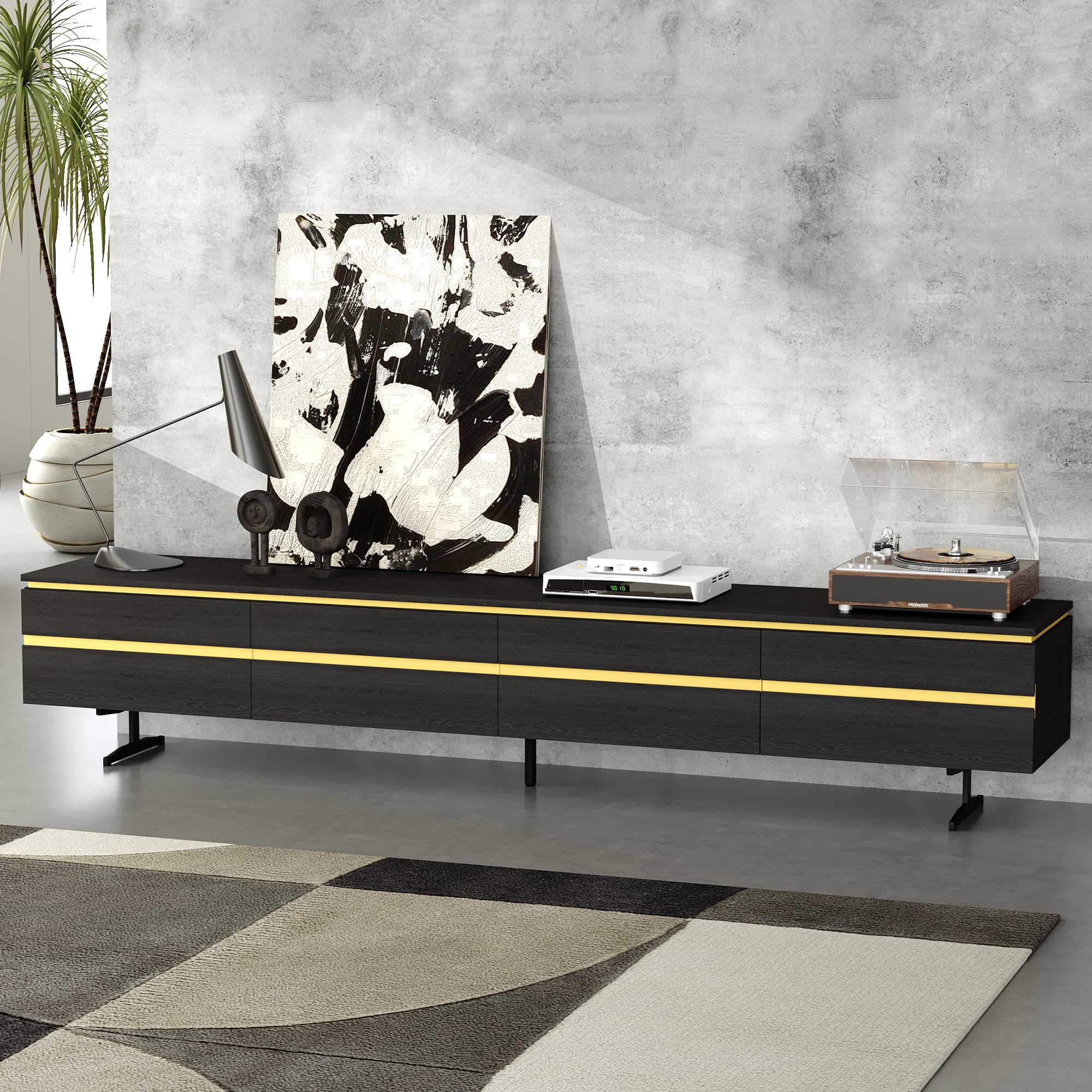 86.61" Modern Black TV Stand with Storage
