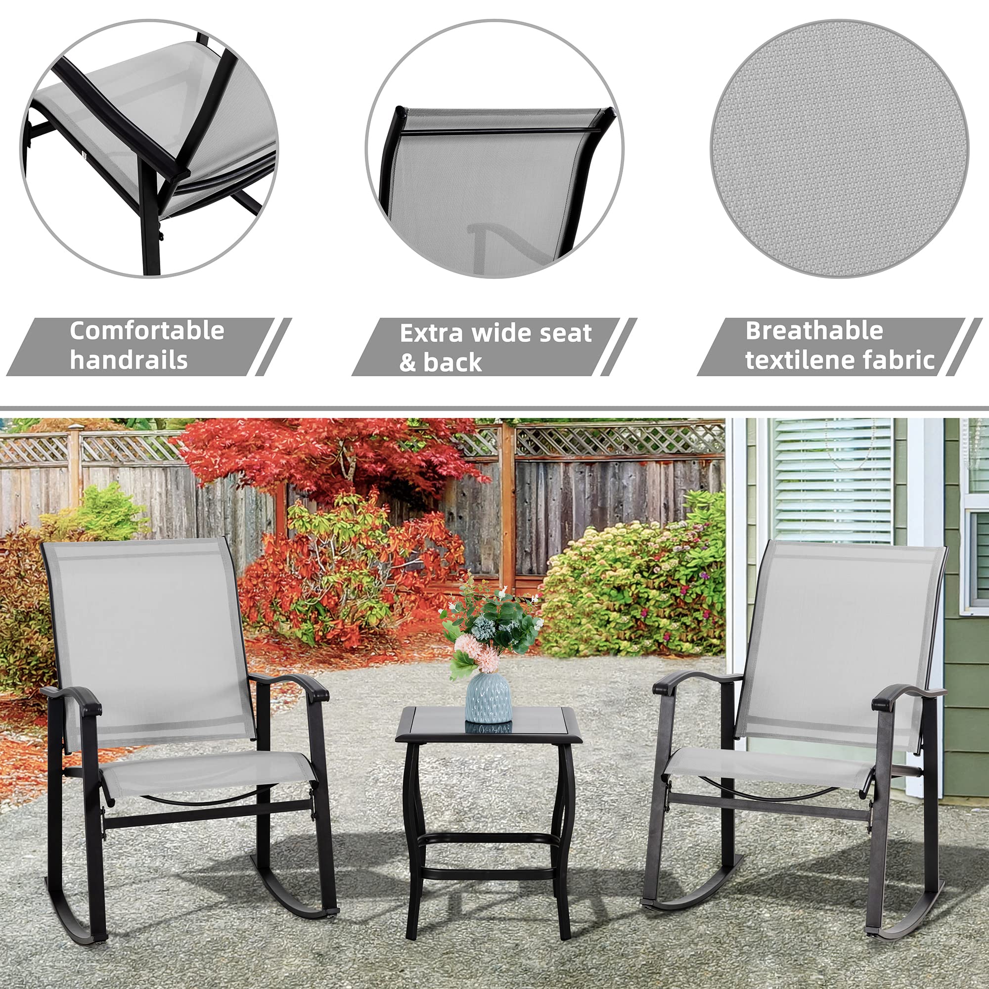 3-Piece Outdoor Rocking Bistro Set with Glass Table