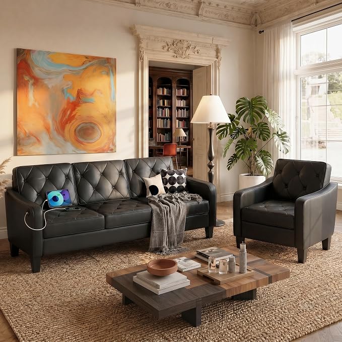 Black Tufted Faux Leather Sofa